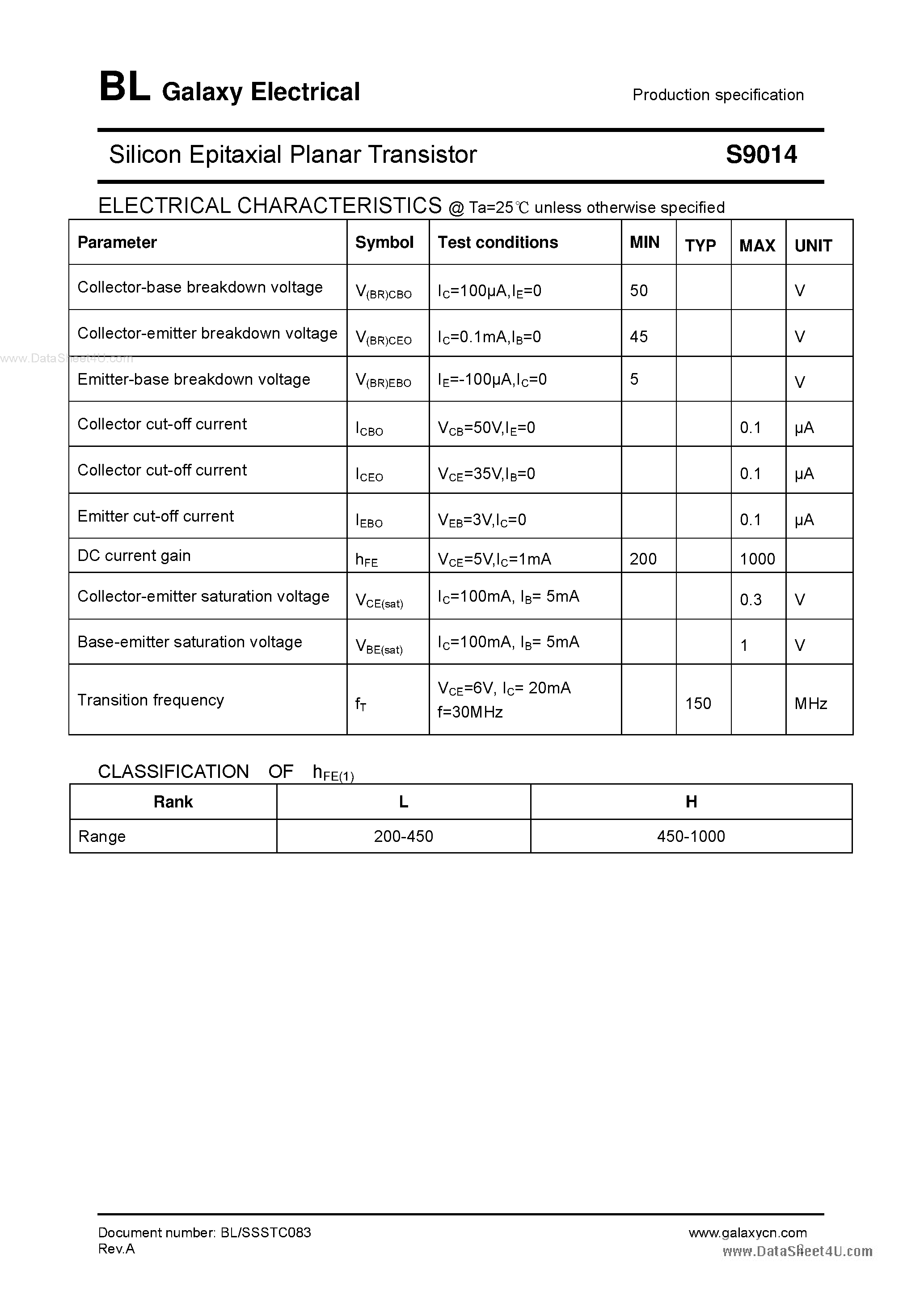 Даташит на микросхему S9014 страница 2 Даташит S9014 - Silicon Epitaxial Planar Transistor страница 2