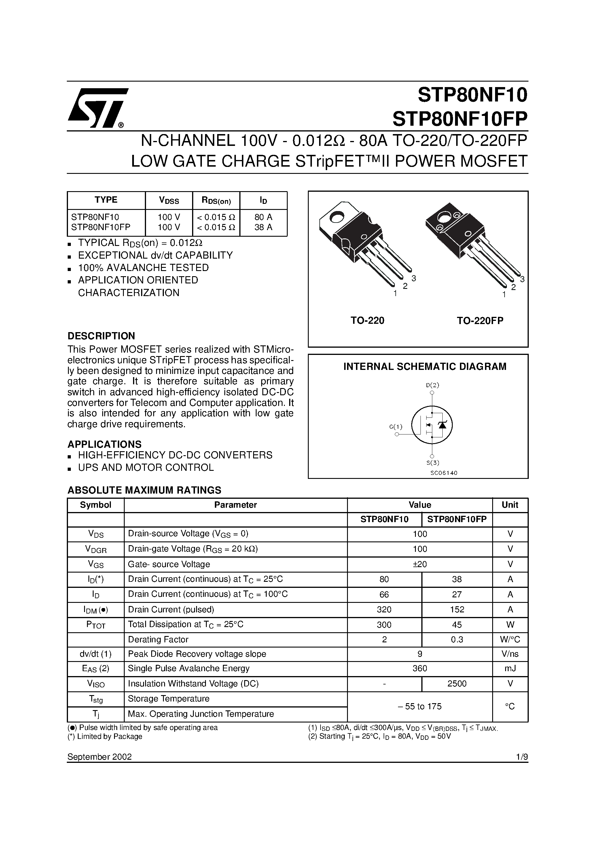 Datasheet STP80NF10 page 1 Datasheet STP80NF10 - N - CHANNEL POWER MOSFET page 1