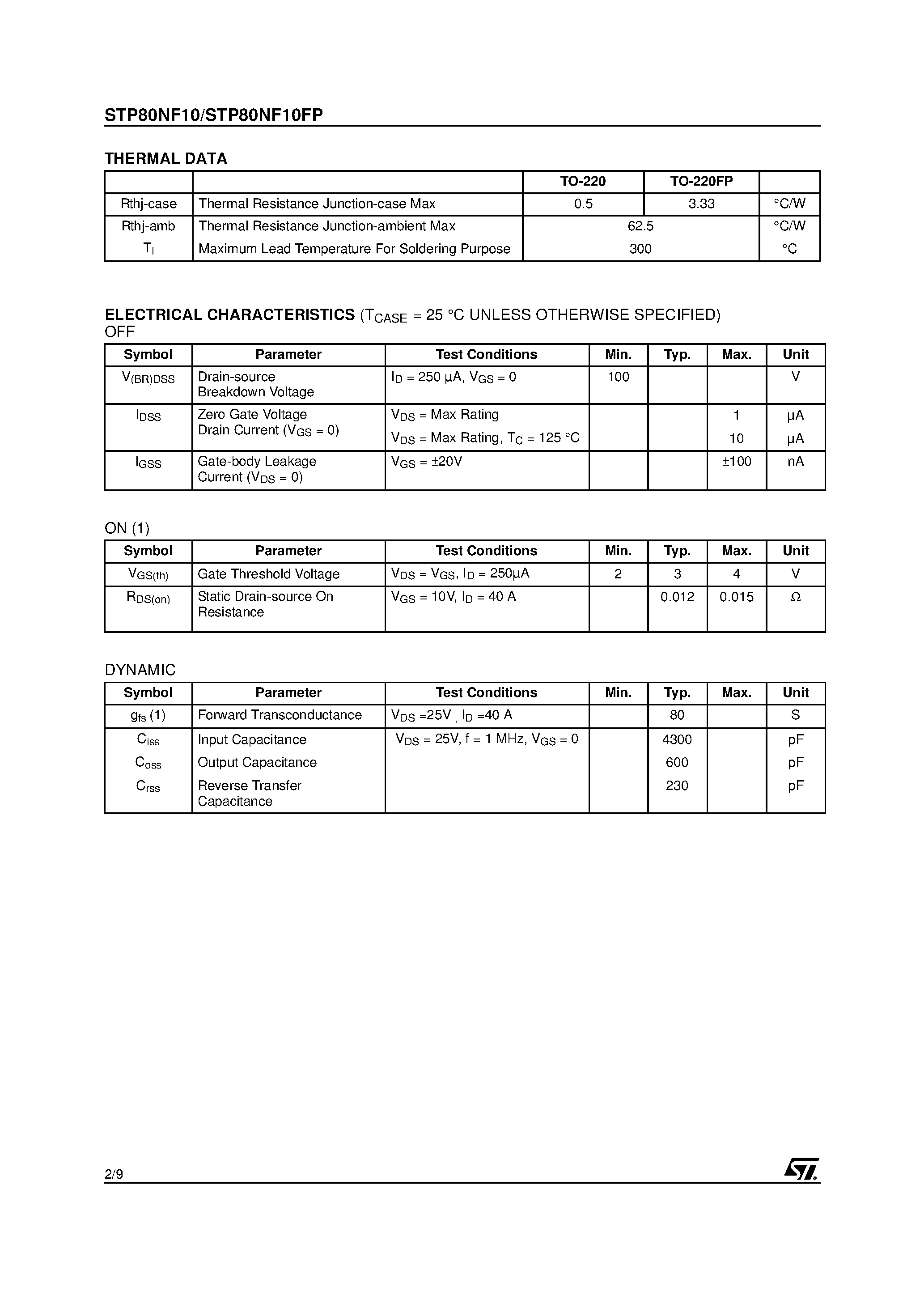 Datasheet STP80NF10 page 2 Datasheet STP80NF10 - N - CHANNEL POWER MOSFET page 2