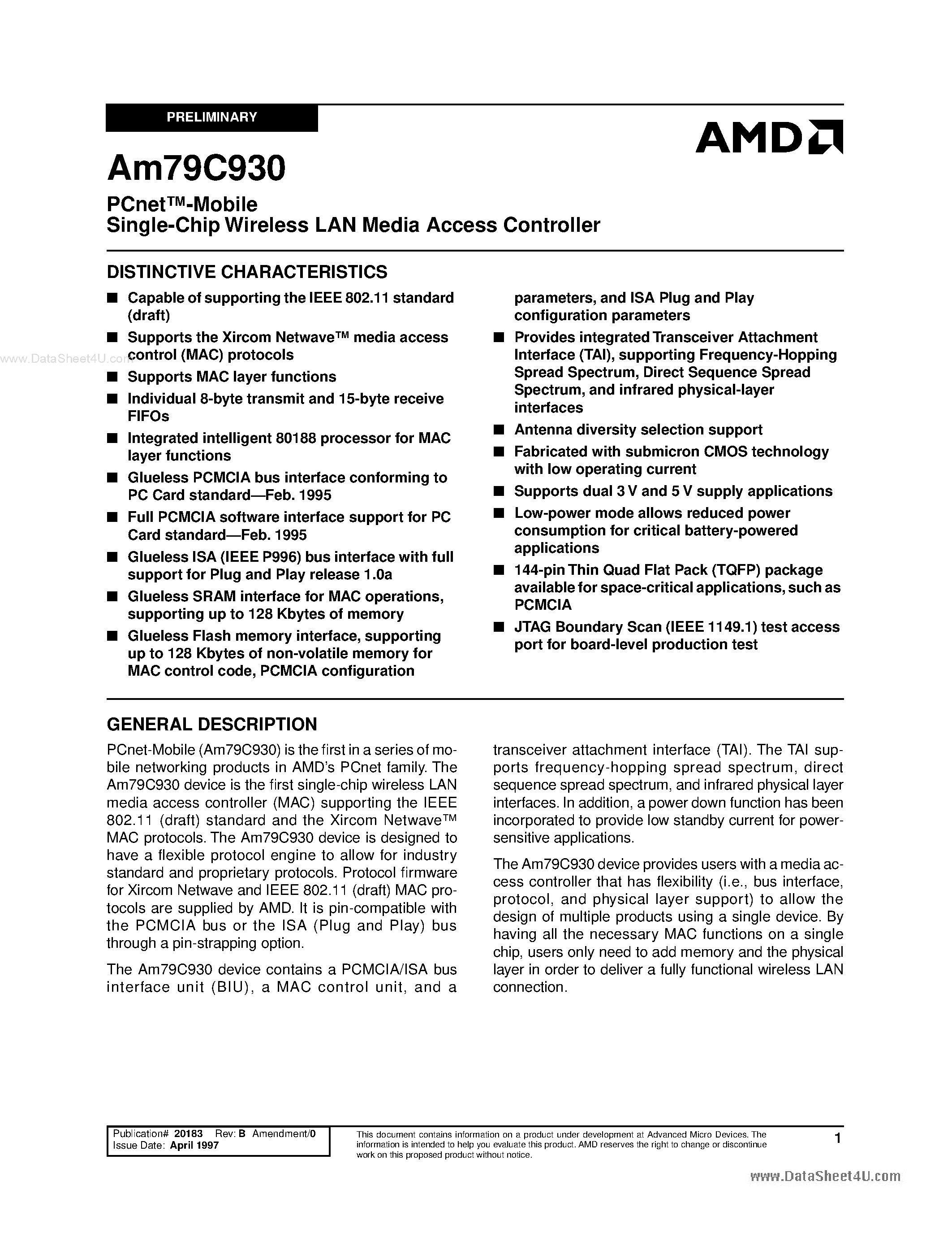 Datasheet AM79C930 page 1 Datasheet AM79C930 - PCnet-Mobile Single-Chip Wireless LAN Media Access Controller page 1