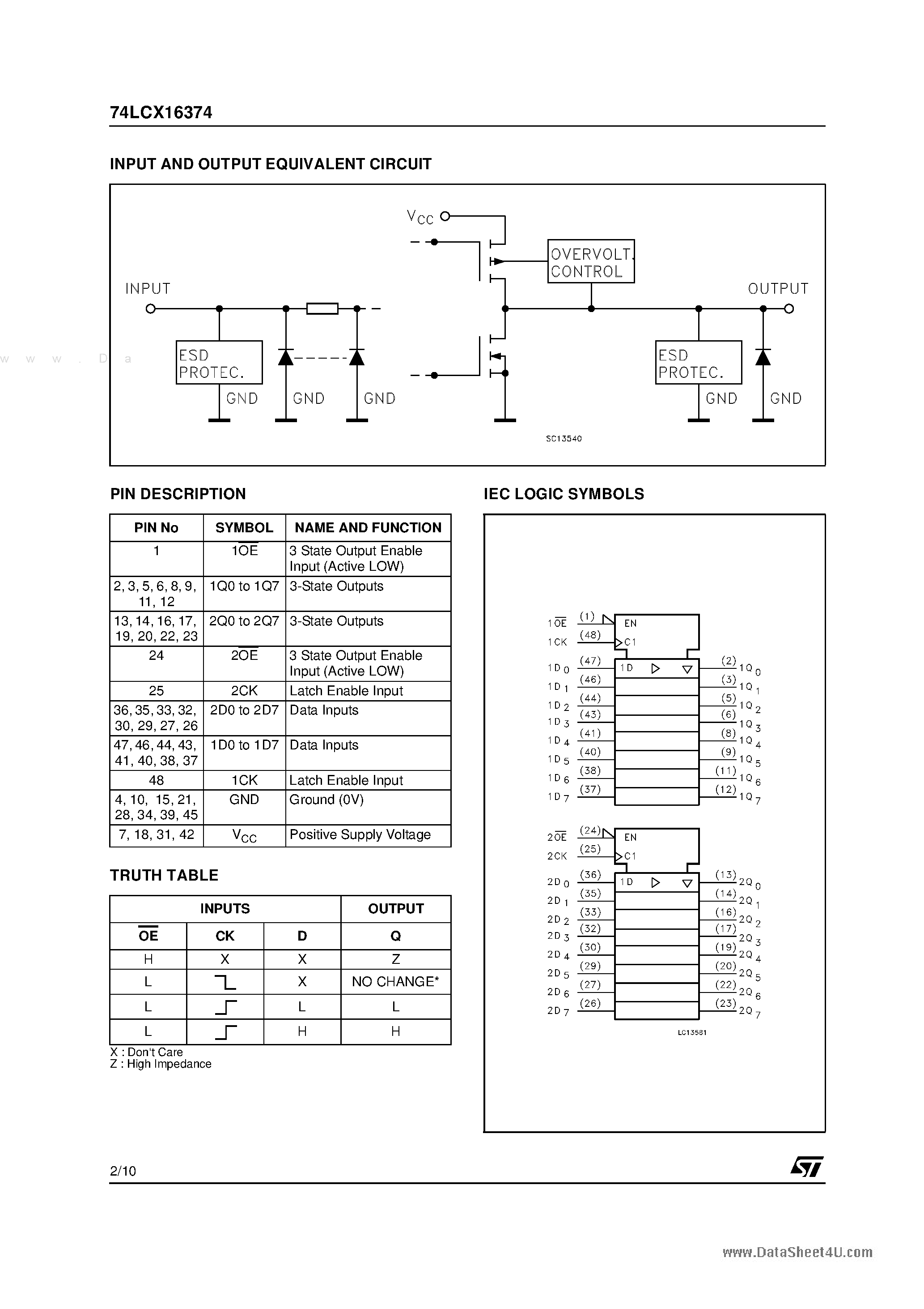 Даташит на микросхему 74LCX16374 страница 2 Даташит 74LCX16374 - LOW VOLTAGE CMOS 16-BIT D-TYPE FLIP-FLOP страница 2