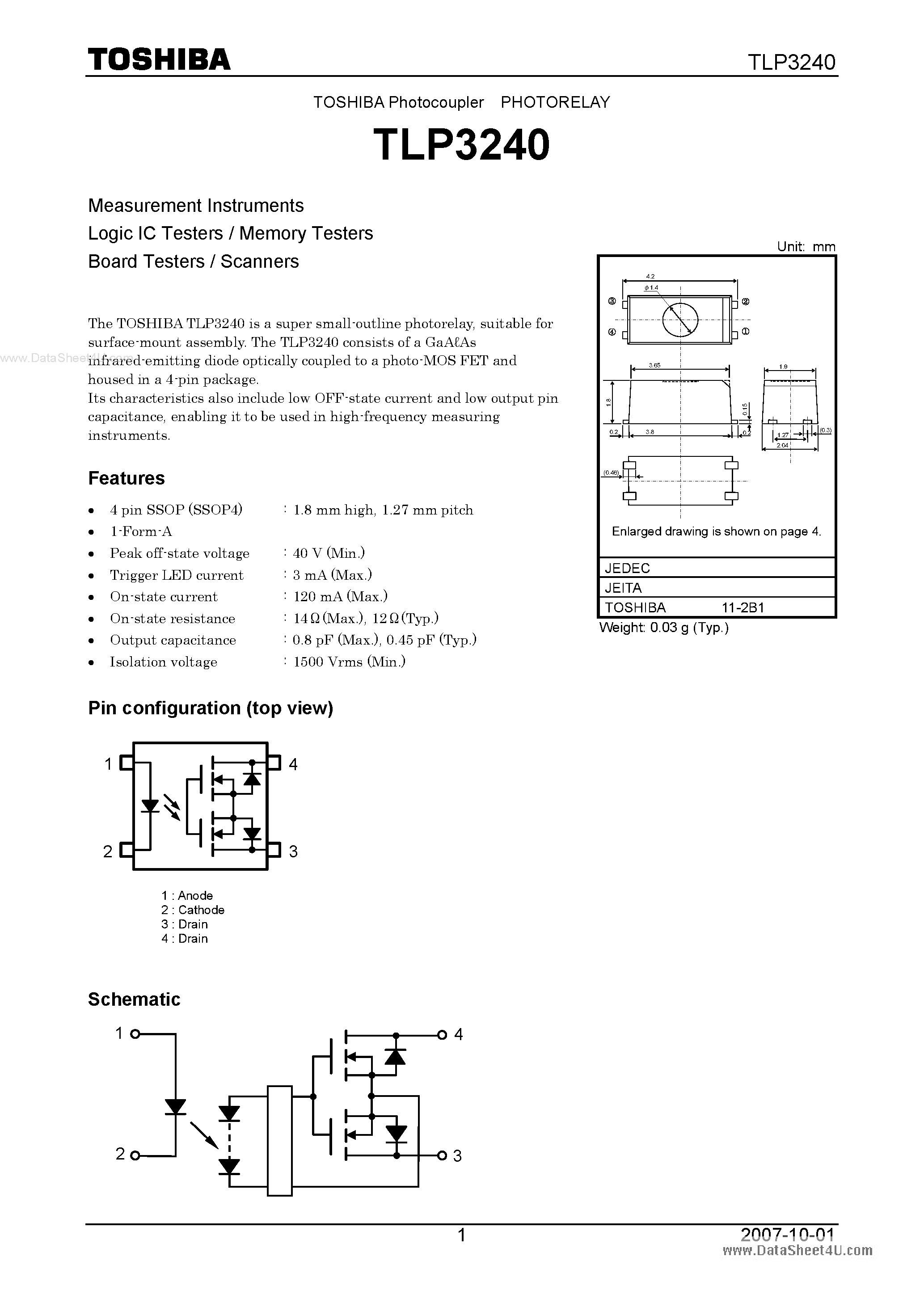 Datasheet TLP3240 page 1 Datasheet TLP3240 - Logic IC Testers / Memory Testers page 1