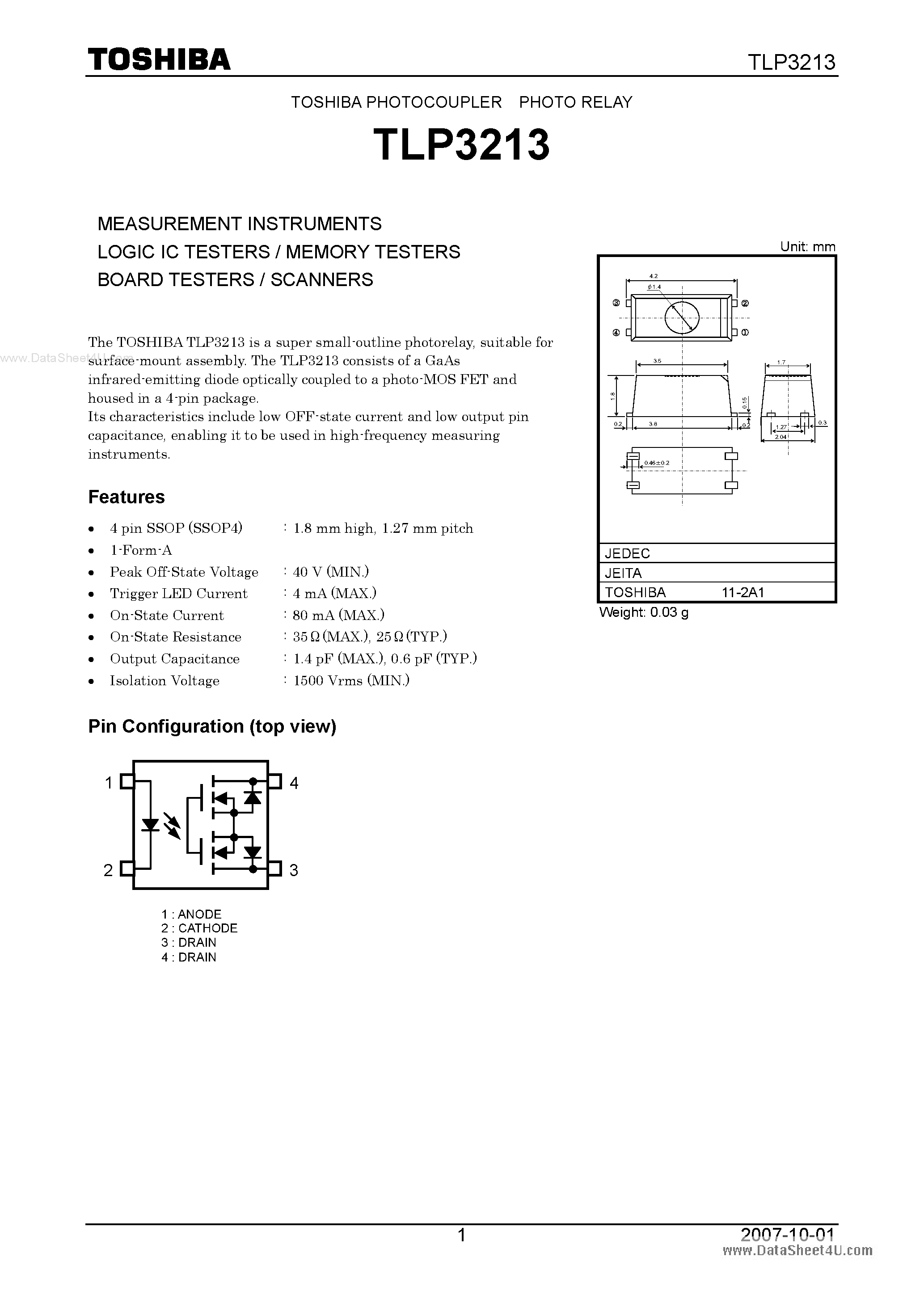 Datasheet TLP3213 page 1 Datasheet TLP3213 - a super small-outline photorelay page 1