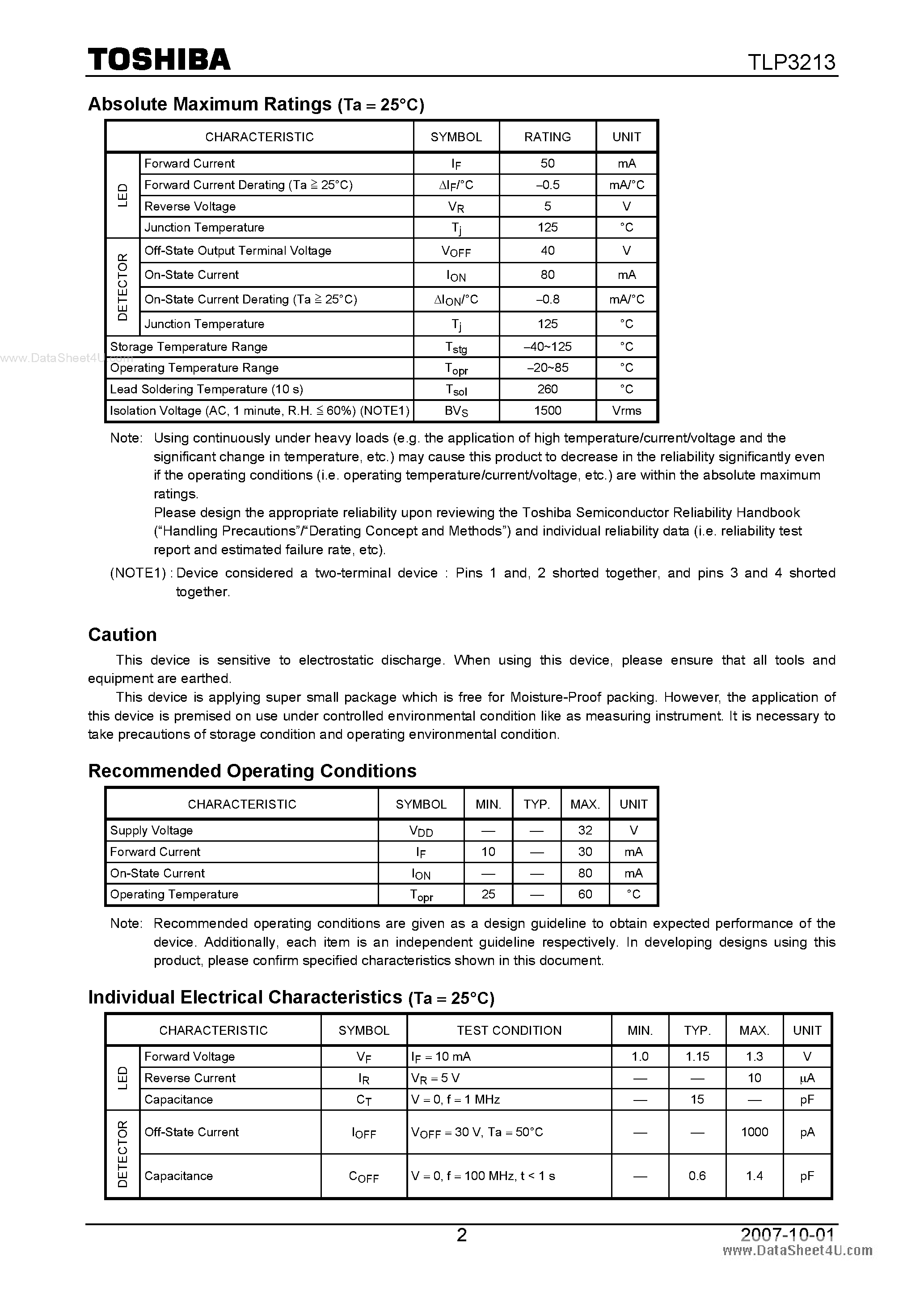 Datasheet TLP3213 page 2 Datasheet TLP3213 - a super small-outline photorelay page 2