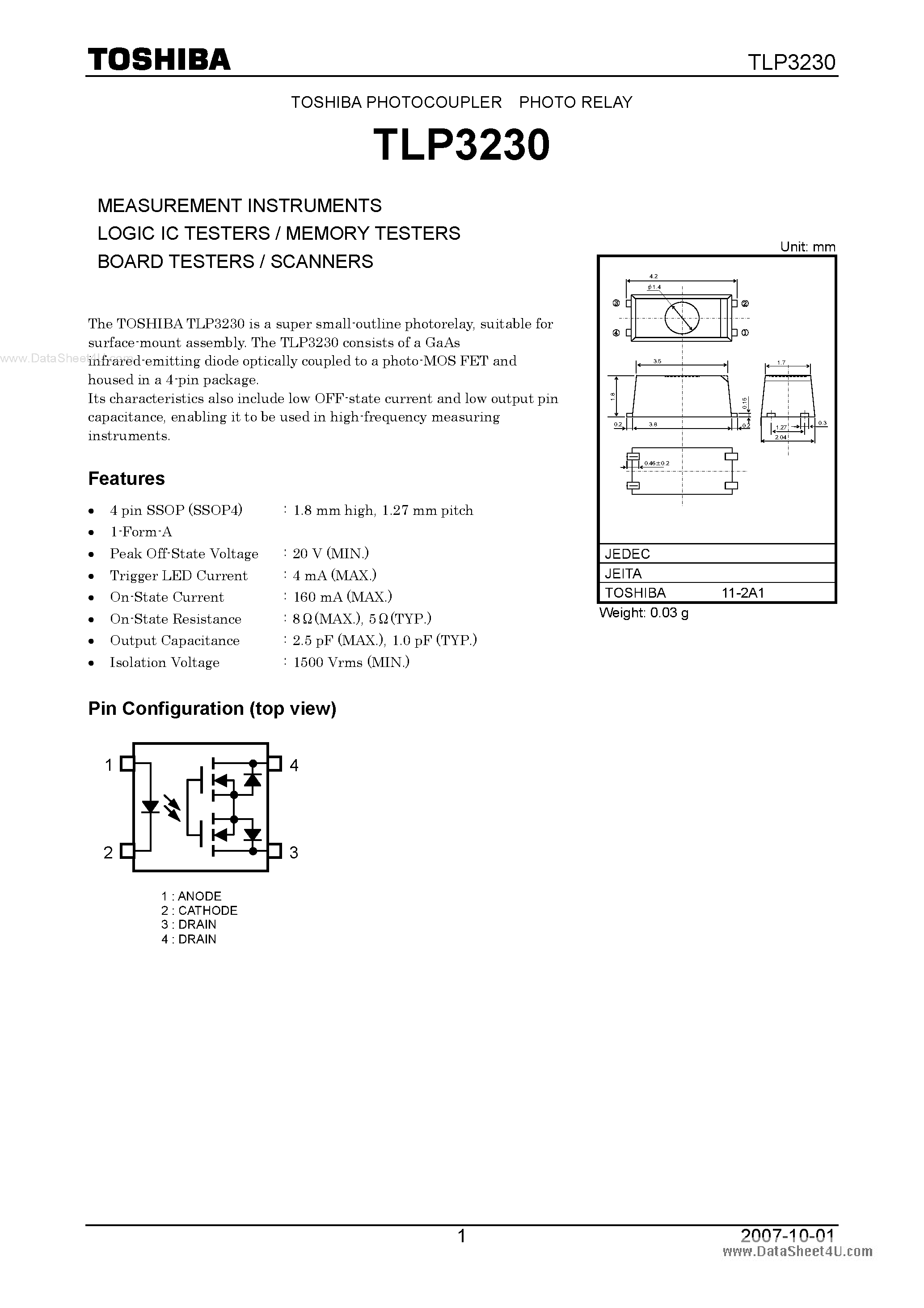 Datasheet TLP3230 page 1 Datasheet TLP3230 - MEASUREMENT INSTRUMENTS LOGIC IC TESTERS / MEMORY TESTERS BOARD TESTERS / SCANNERS page 1
