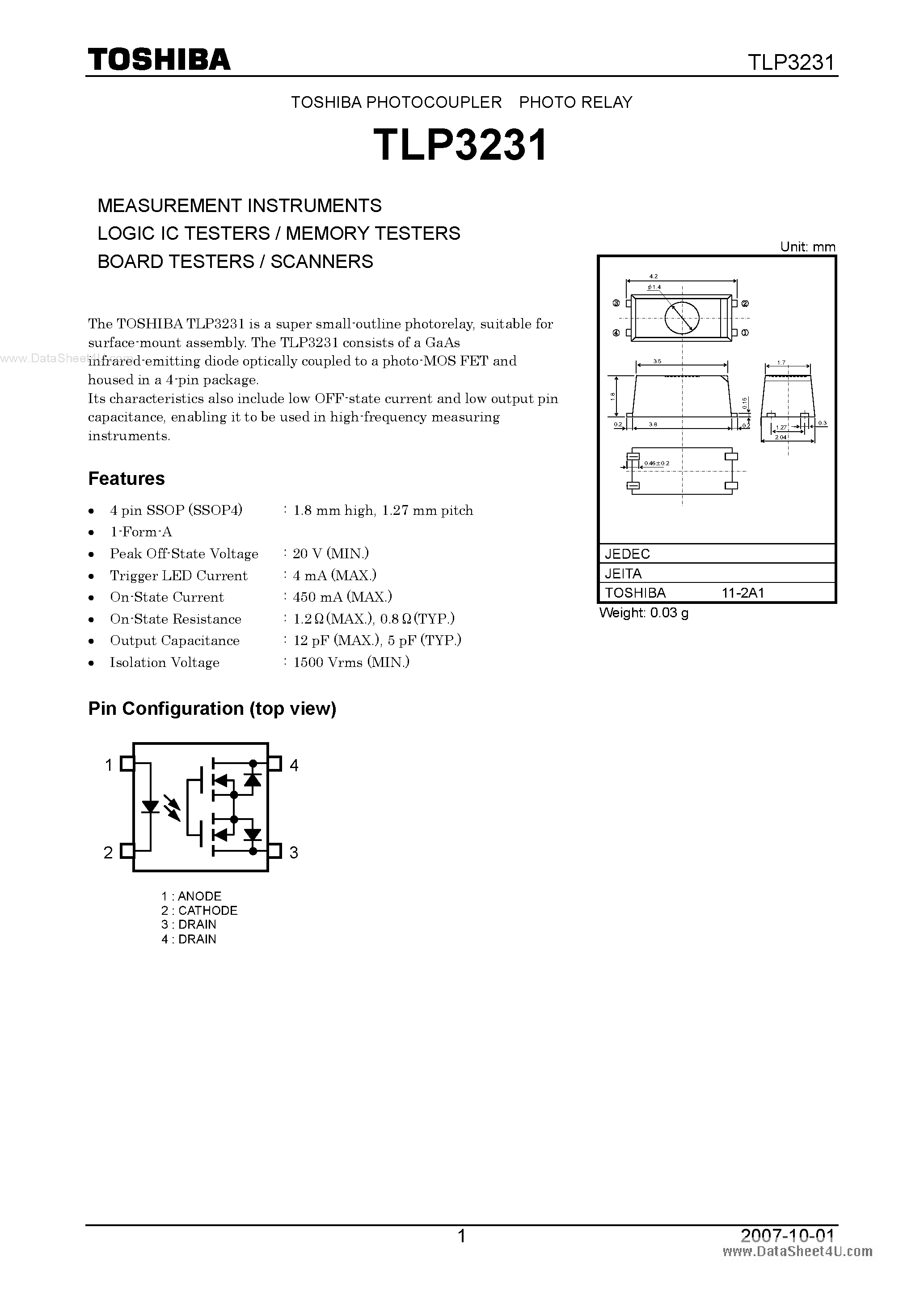 Datasheet TLP3231 - LOGIC IC TESTERS / MEMORY TESTERS page 1