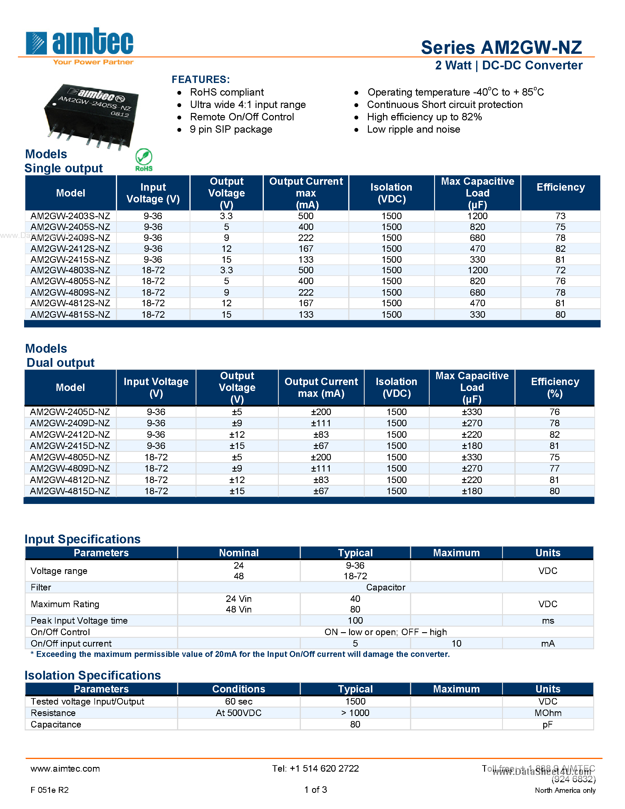 Даташит AM2GW-xxxxx-NZ - 2W DC-DC Converter страница 1