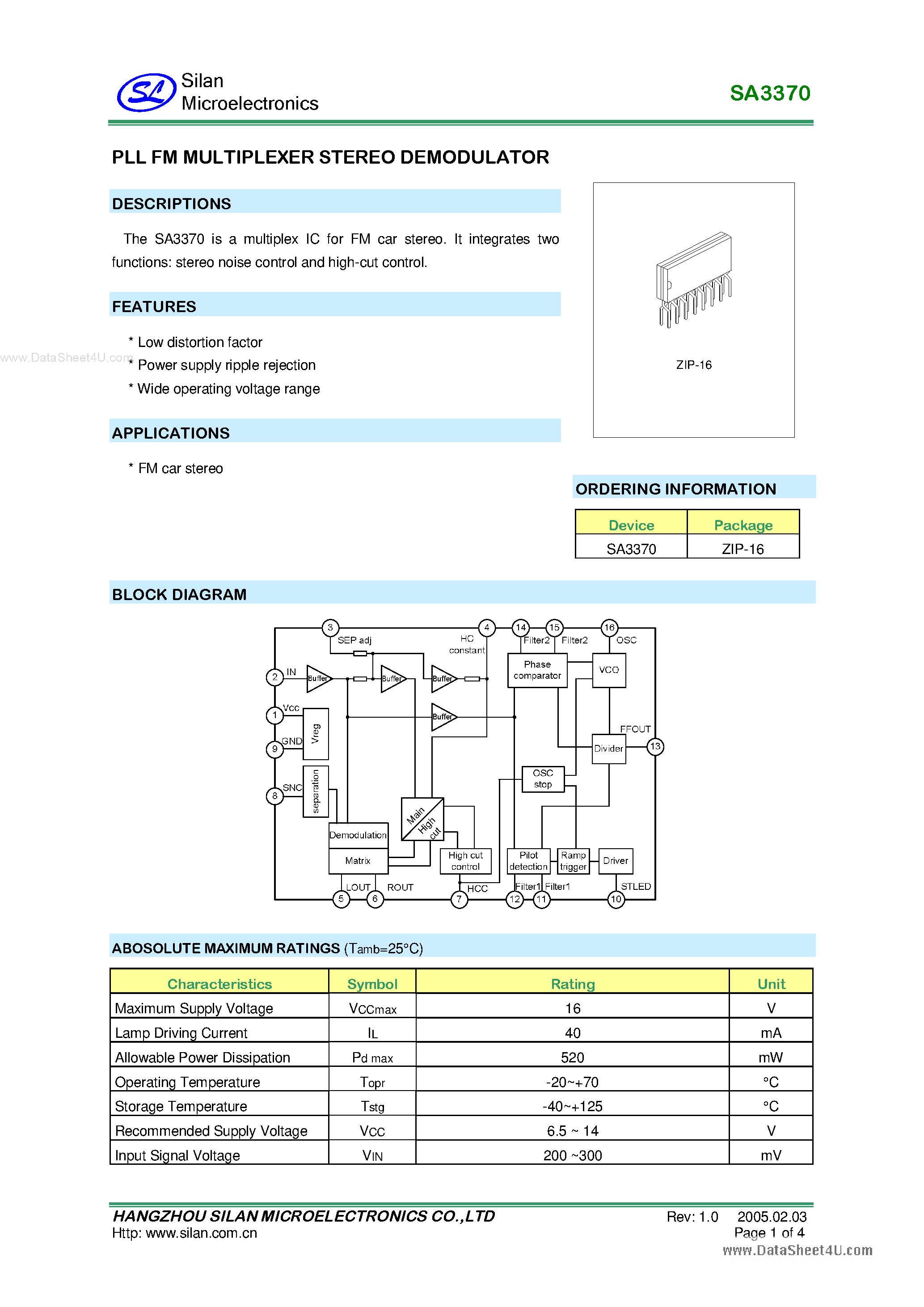 Даташит SA3370 - PLL FM Multiplexer Stereo Demodulator страница 1