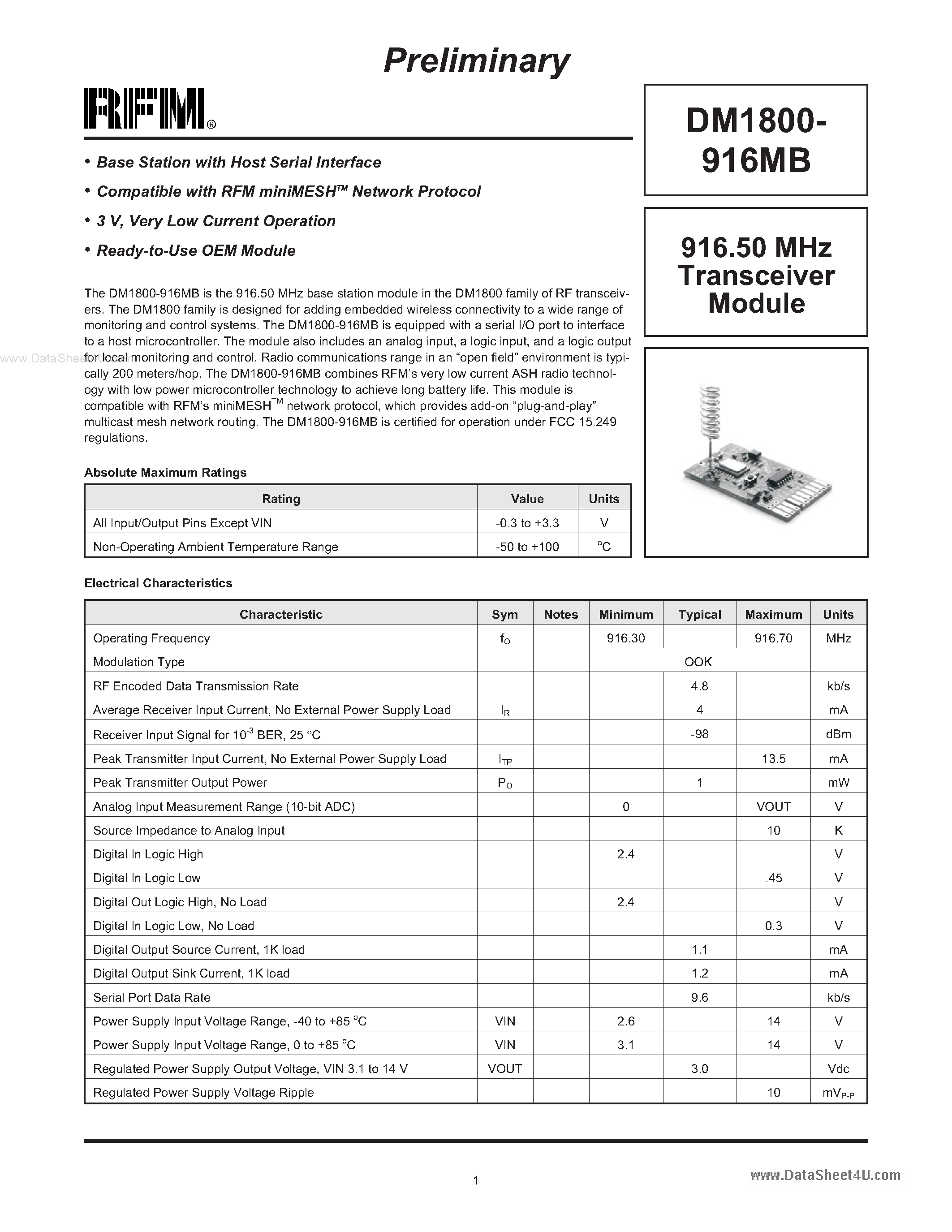 Datasheet DM1800-916MB page 1 Datasheet DM1800-916MB - Transceiver Module page 1