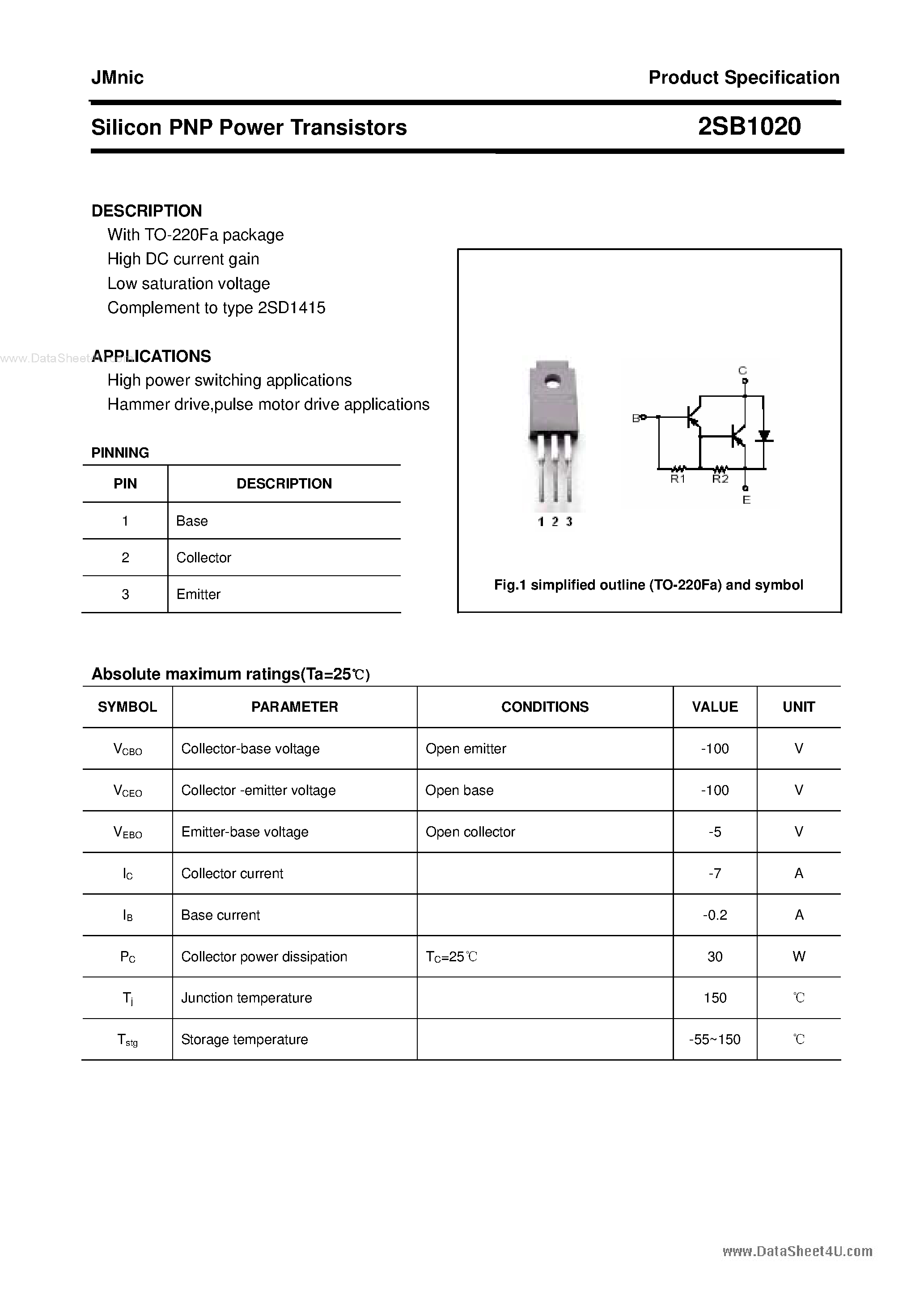 Datasheet 2SB1020 - Silicon PNP Power Transistora page 1