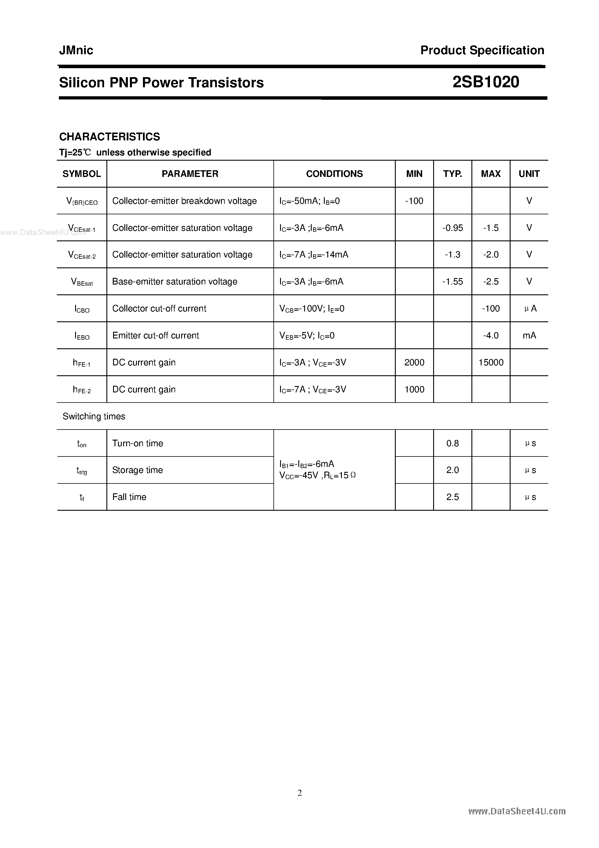 Datasheet 2SB1020 - Silicon PNP Power Transistora page 2