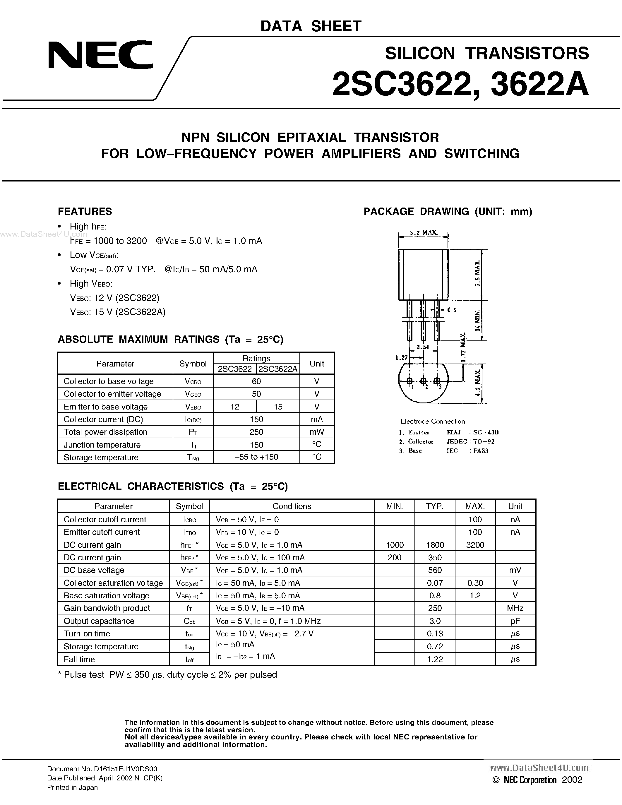 Datasheet 2SC3622 - NPN SILICON EPITAXIAL TRANSISTOR page 1