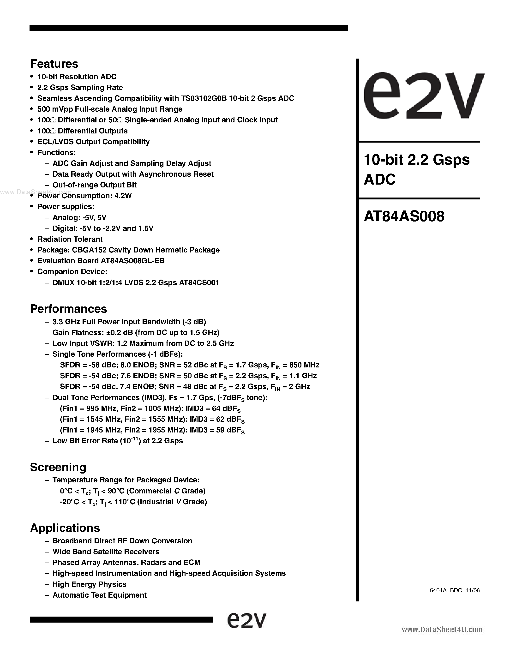 Datasheet AT84AS008 - 10-Bit 2.2 Gsps ADC page 1