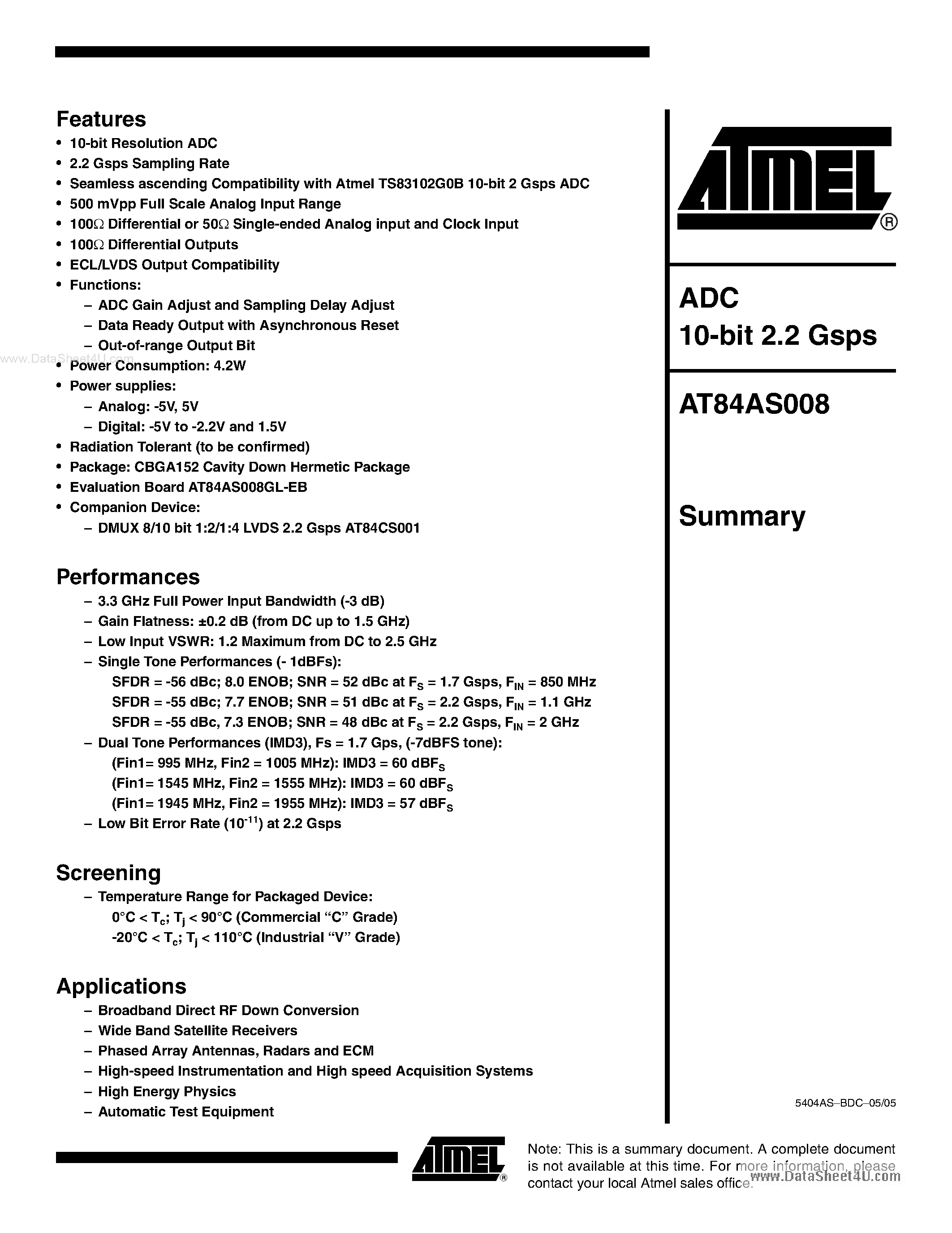 Даташит на микросхему AT84AS008 страница 1 Даташит AT84AS008 - 10-Bit 2.2 Gsps ADC страница 1