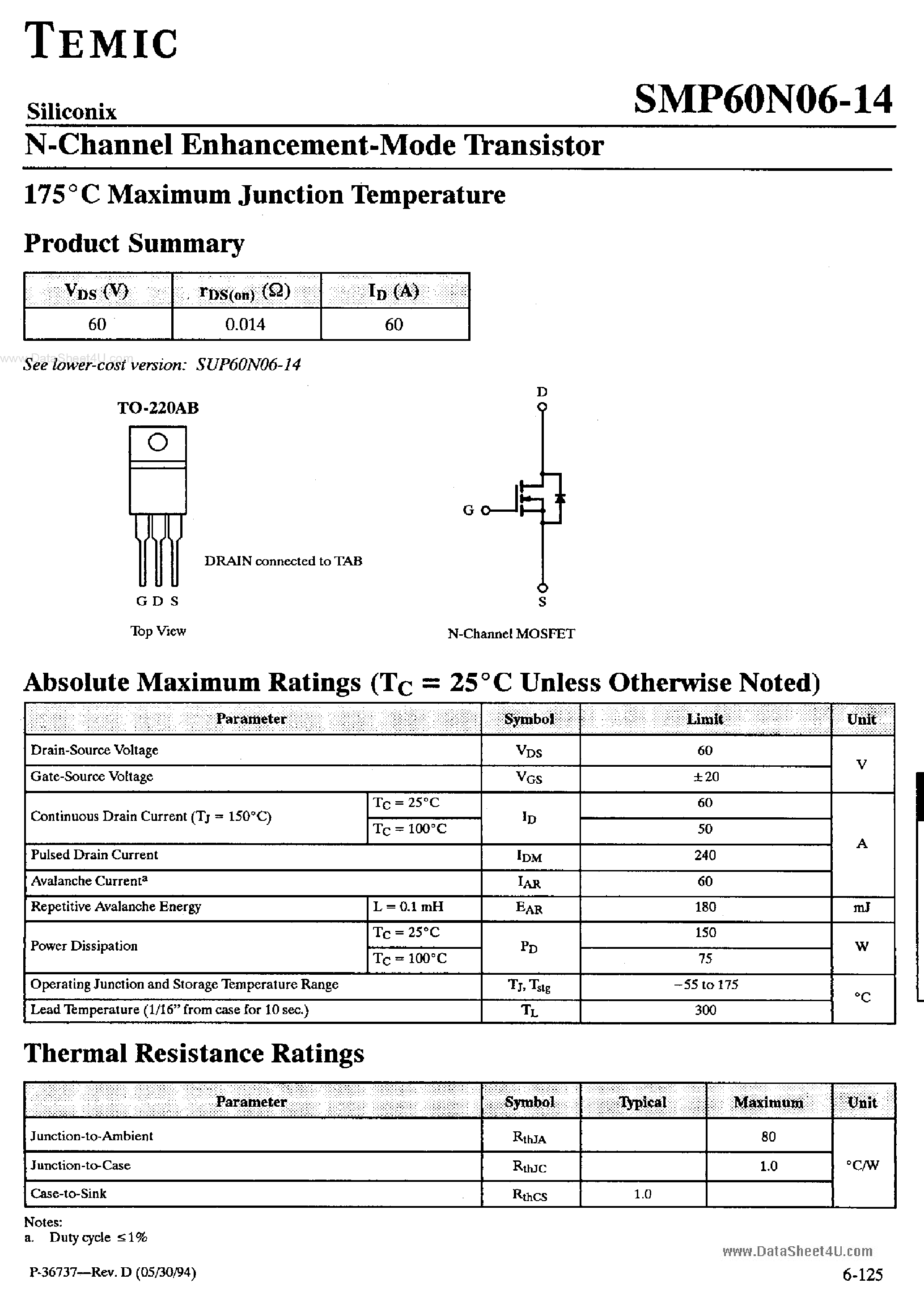 Datasheet SMP60N06-14 - N-Channel Enhancement Mode Transistor page 1