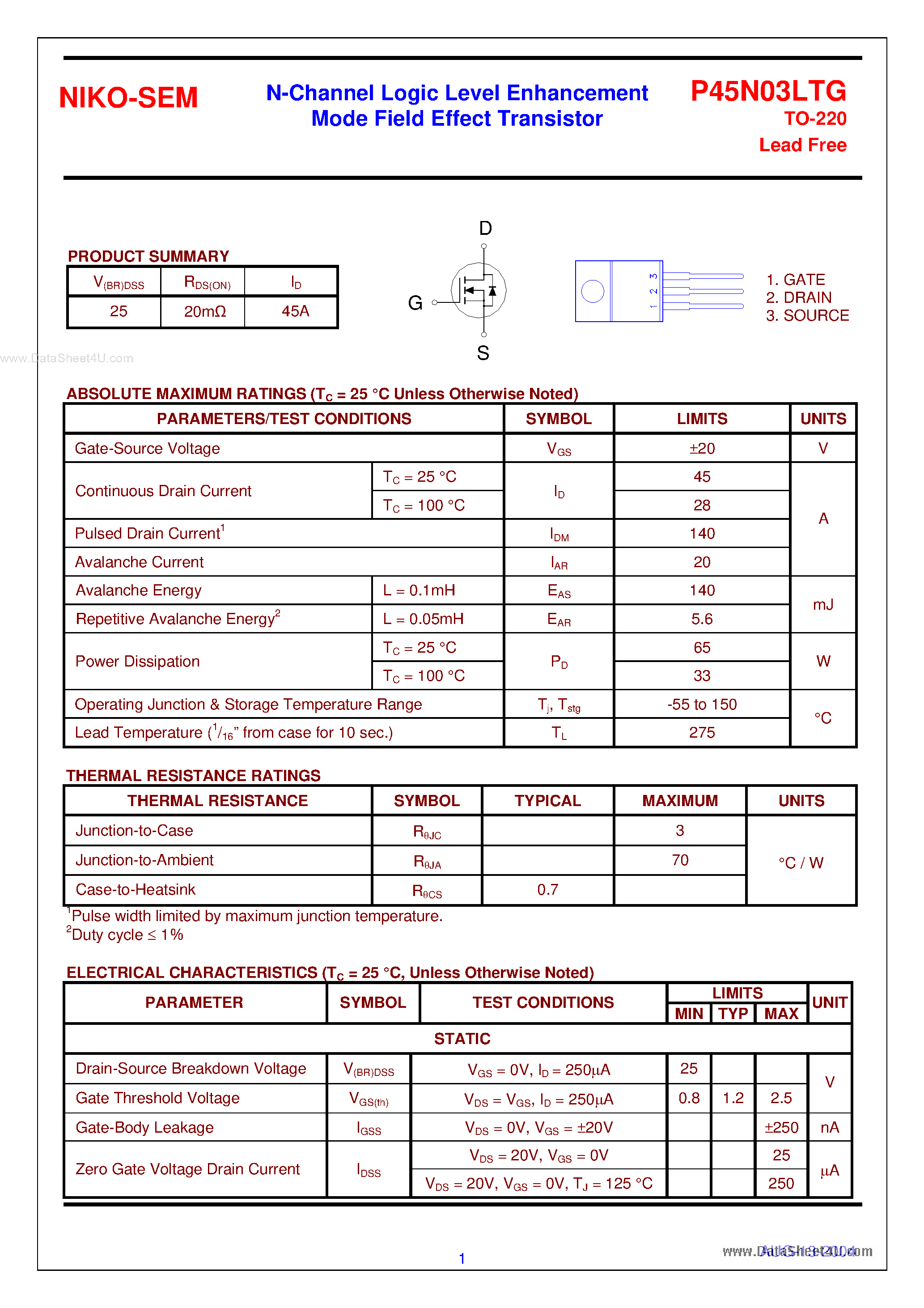 Datasheet P45N03LTG - N-Channel Logic Level Enhancement Mode Field Effect Transistor page 1