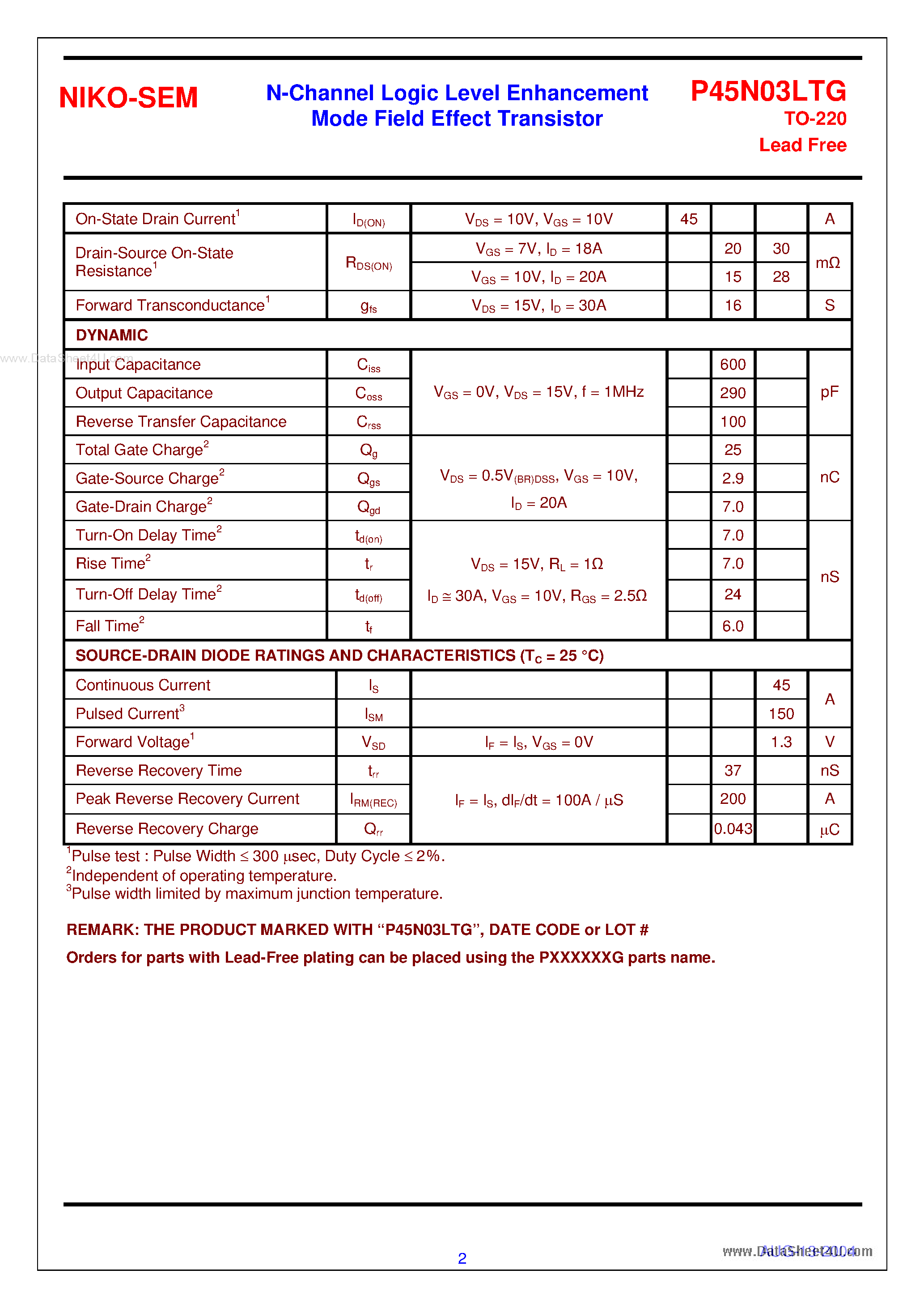 Datasheet P45N03LTG - N-Channel Logic Level Enhancement Mode Field Effect Transistor page 2