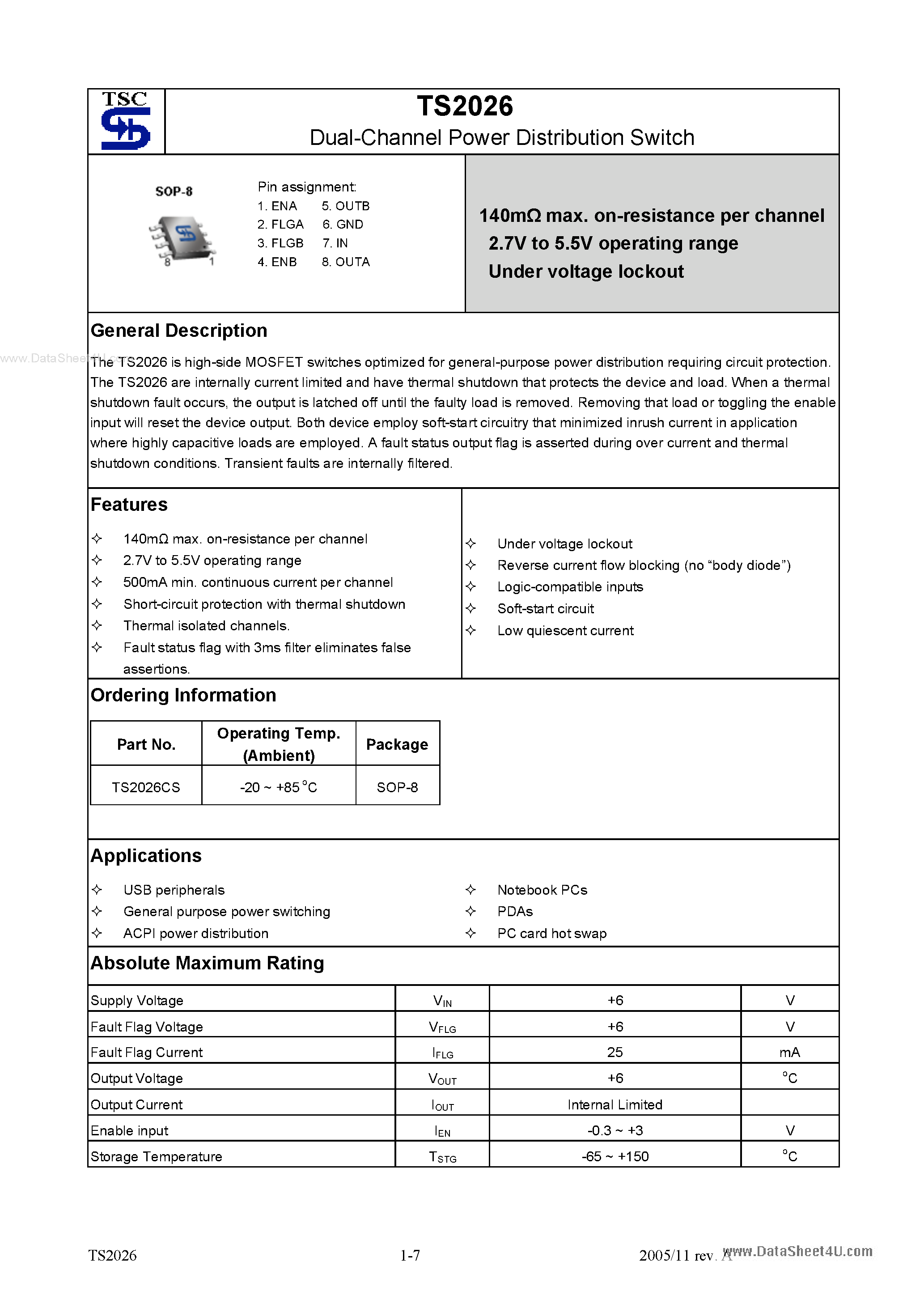 Datasheet TS2026 - Dual-Channel Power Distribution Switch page 1