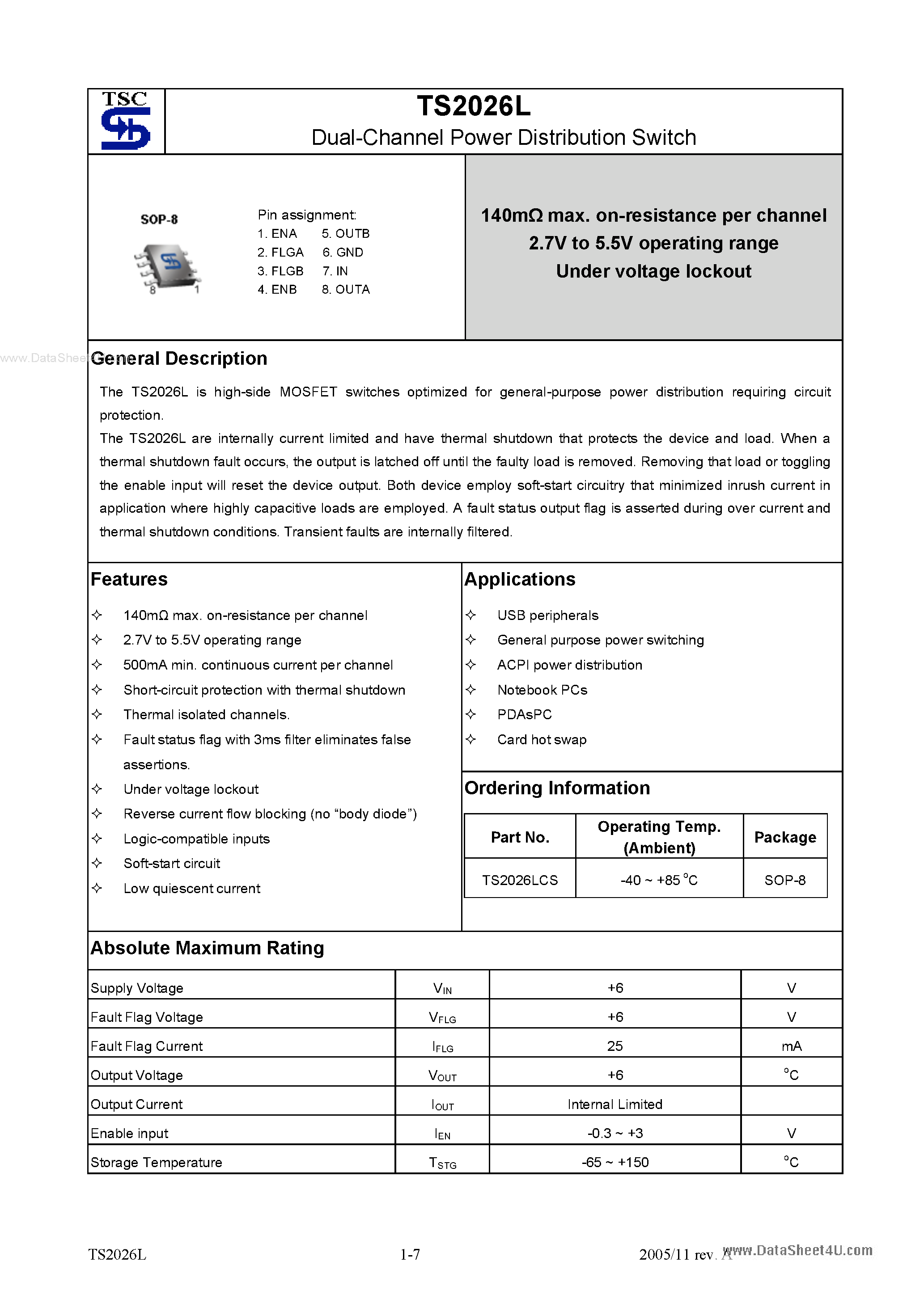 Datasheet TS2026L - Dual-Channel Power Distribution Switch page 1