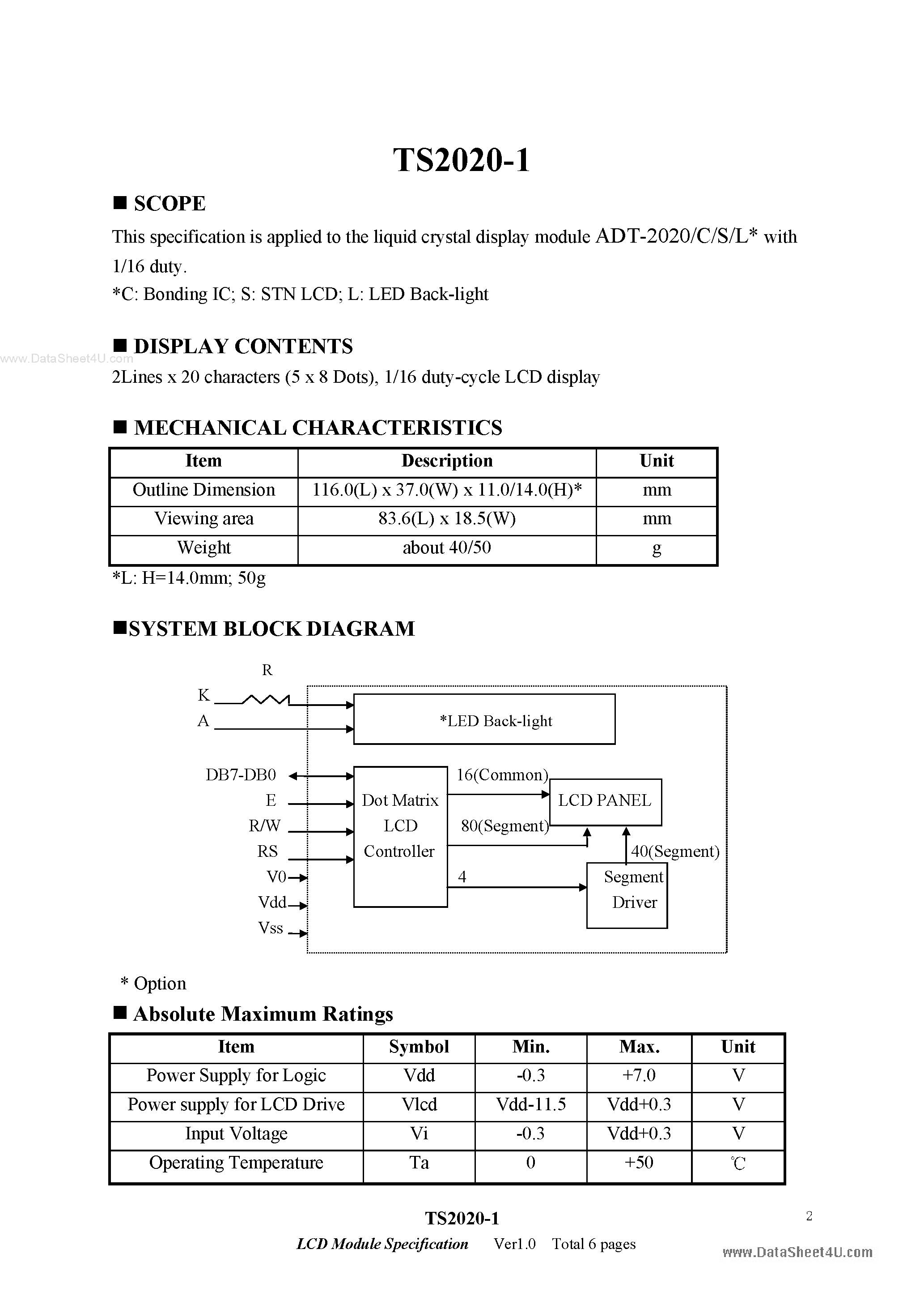 Datasheet TS2020-1 - LCD Module page 2