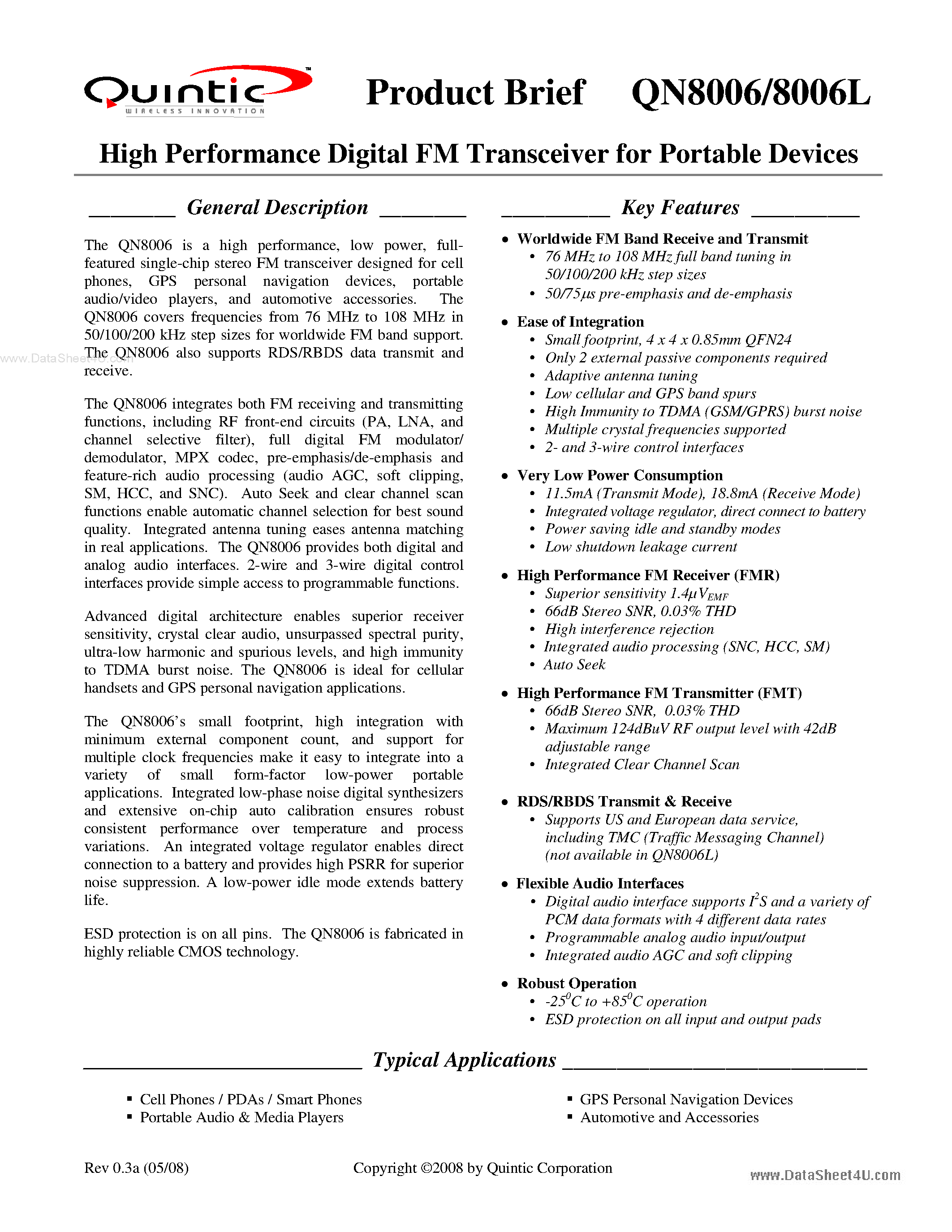 Datasheet QN8006 - High Performance Digital FM Transceiver page 1