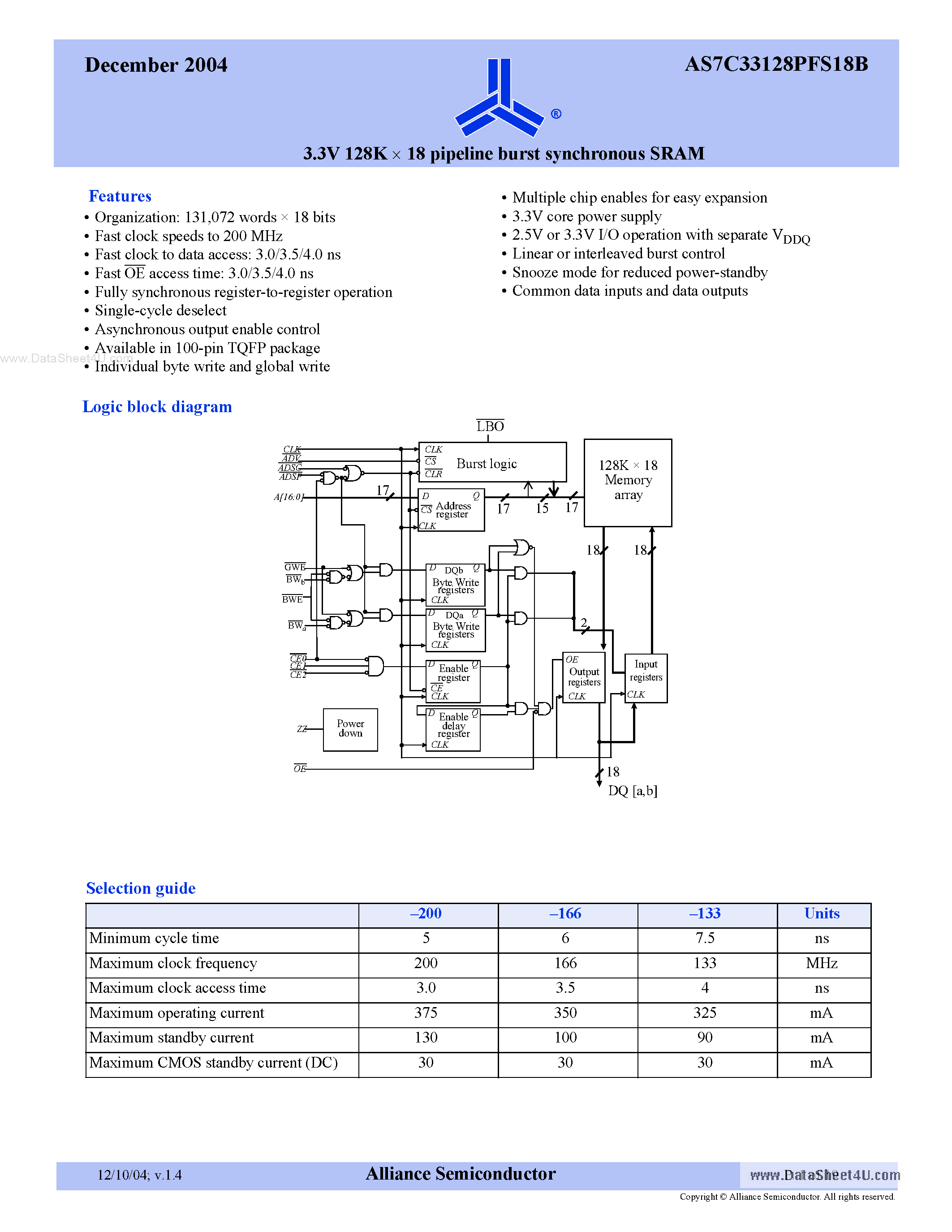 Datasheet AS7C33128PFS18B page 1 Datasheet AS7C33128PFS18B - 3.3V 128K x 18 pipeline burst synchronous SRAM page 1