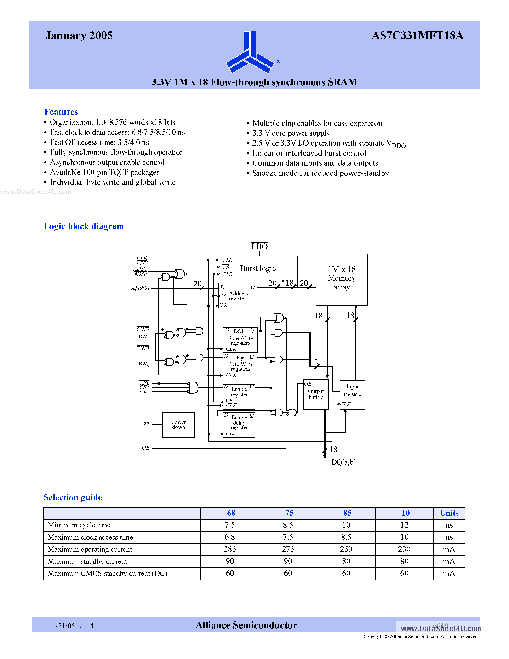 Datasheet AS7C331FT18A page 1 Datasheet AS7C331FT18A - 3.3V 1M x 18 Flow-through synchronous SRAM page 1
