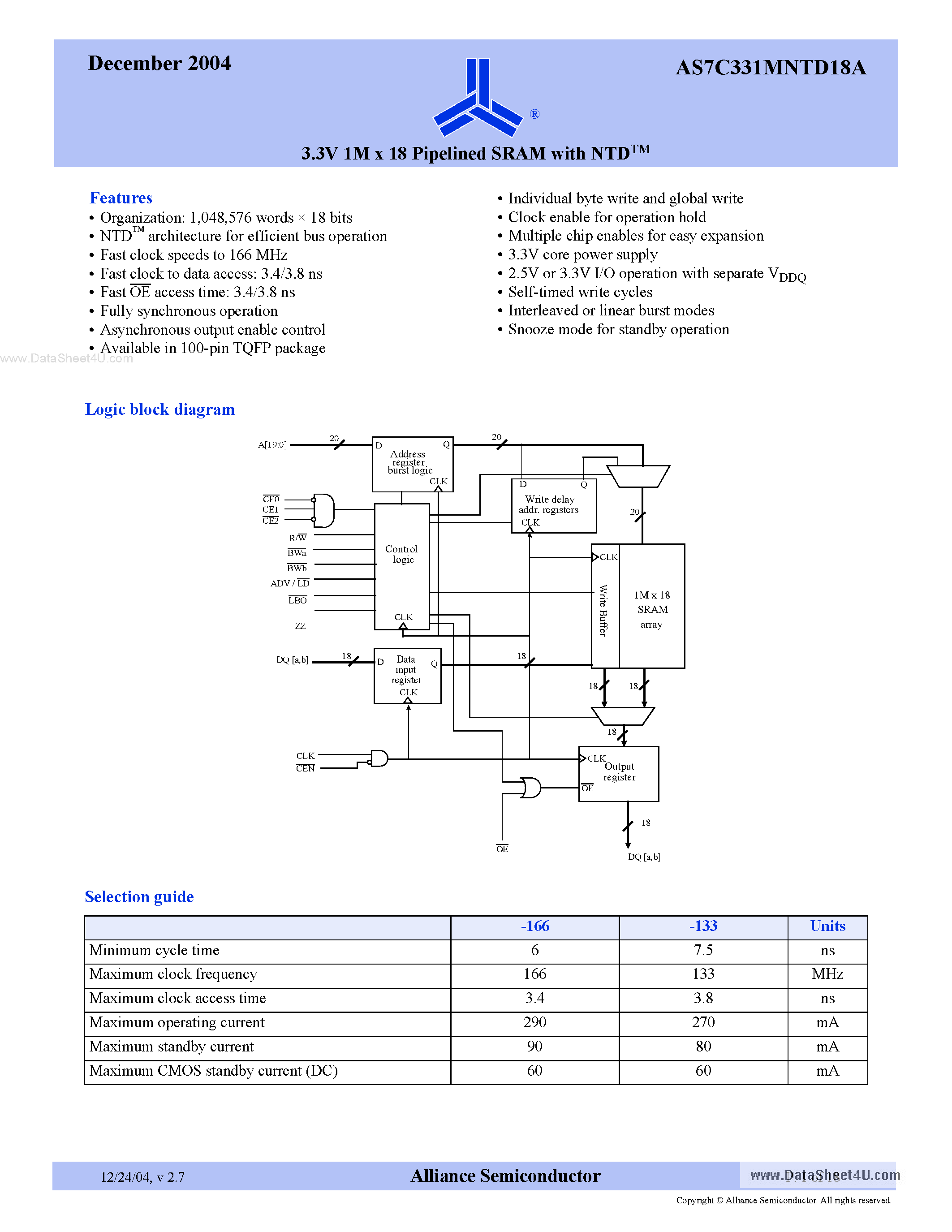 Datasheet AS7C331MNTD18A page 1 Datasheet AS7C331MNTD18A - 3.3V 1M x 18 Pipelined SRAM page 1