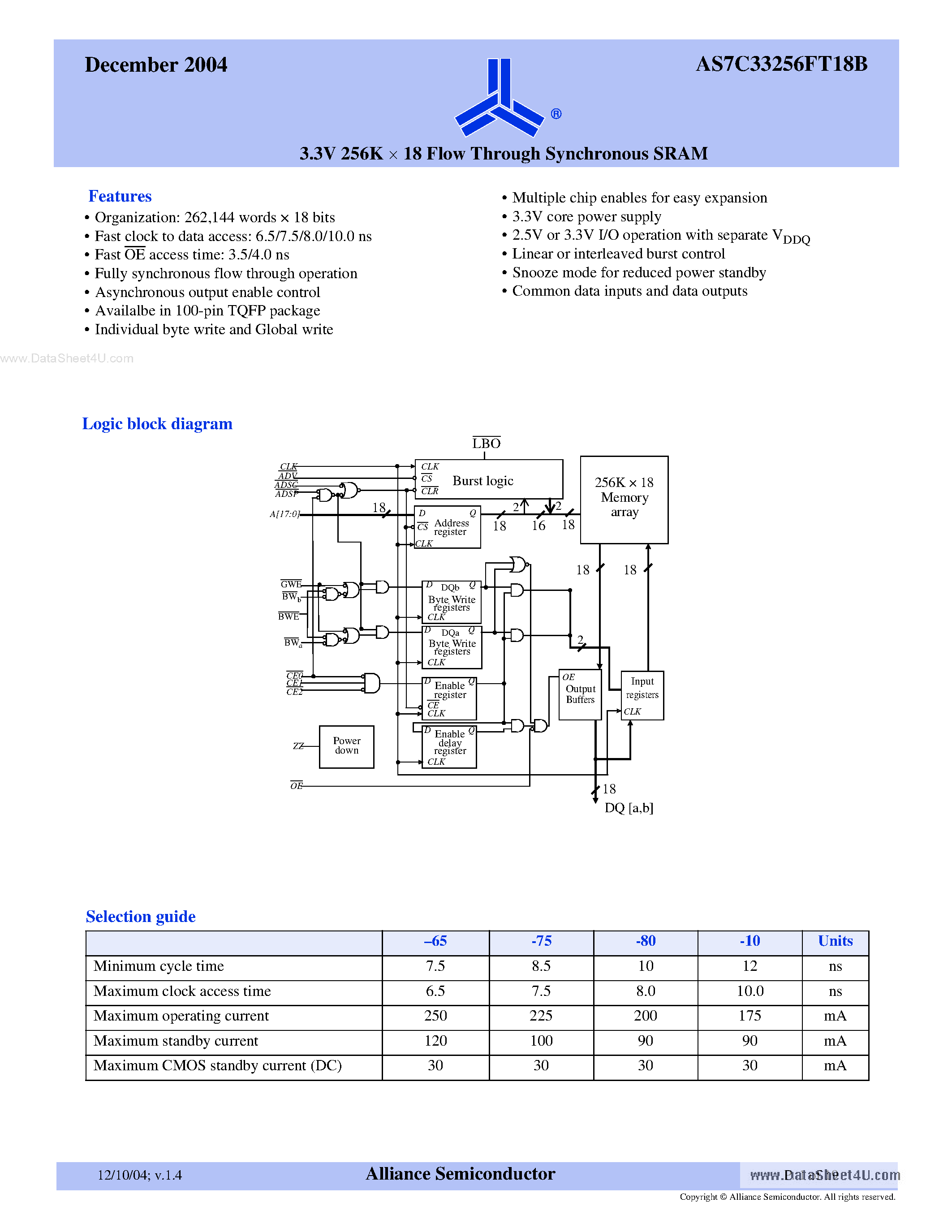 Datasheet AS7C33256FT18B page 1 Datasheet AS7C33256FT18B - 3.3V 256K x 18 Flow Through Synchronous SRAM page 1