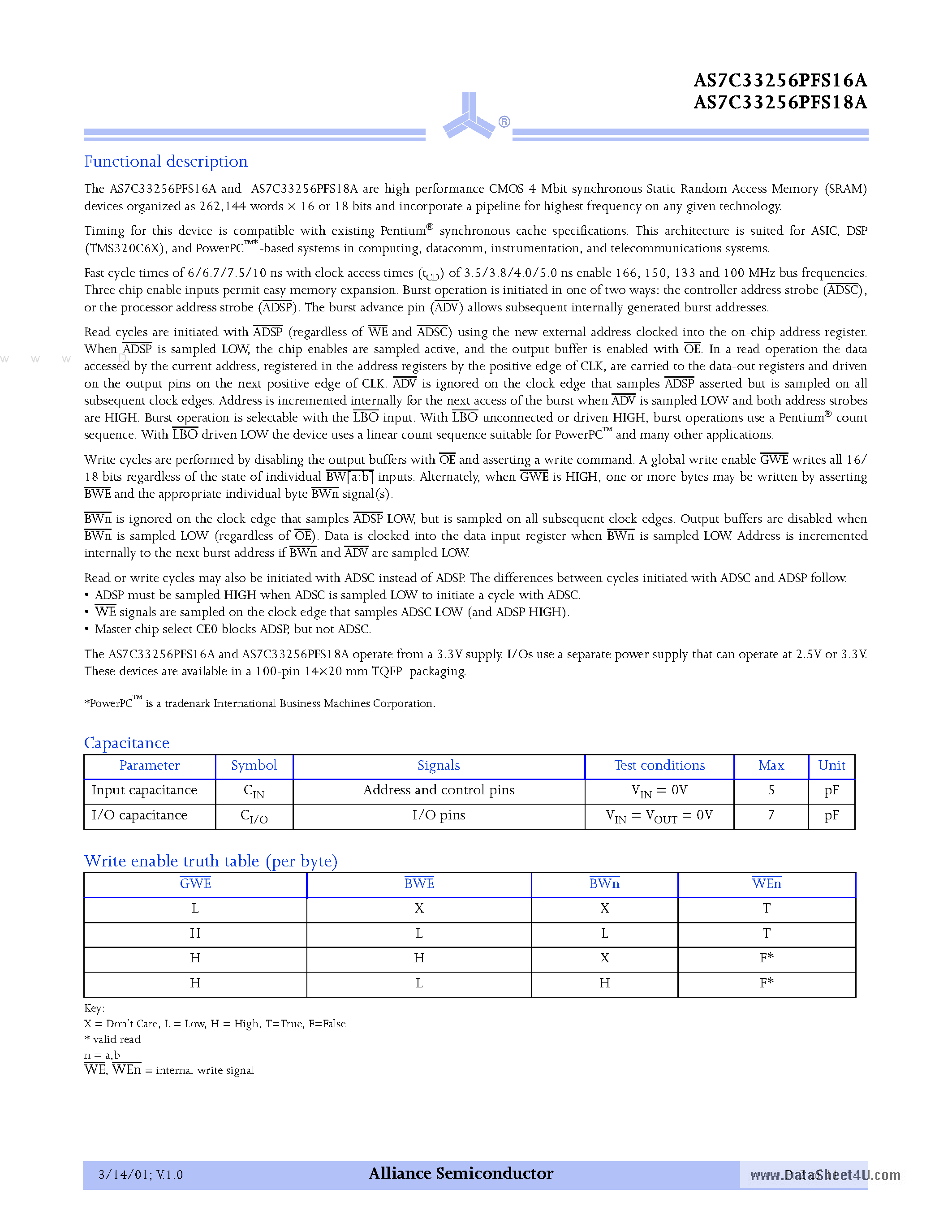 Datasheet AS7C33256PFS16A page 2 Datasheet AS7C33256PFS16A - (AS7C33256PFS16A / AS7C33256PFS18A) 3.3V 256K X 16/18 pipeline burst synchronous SRAM page 2
