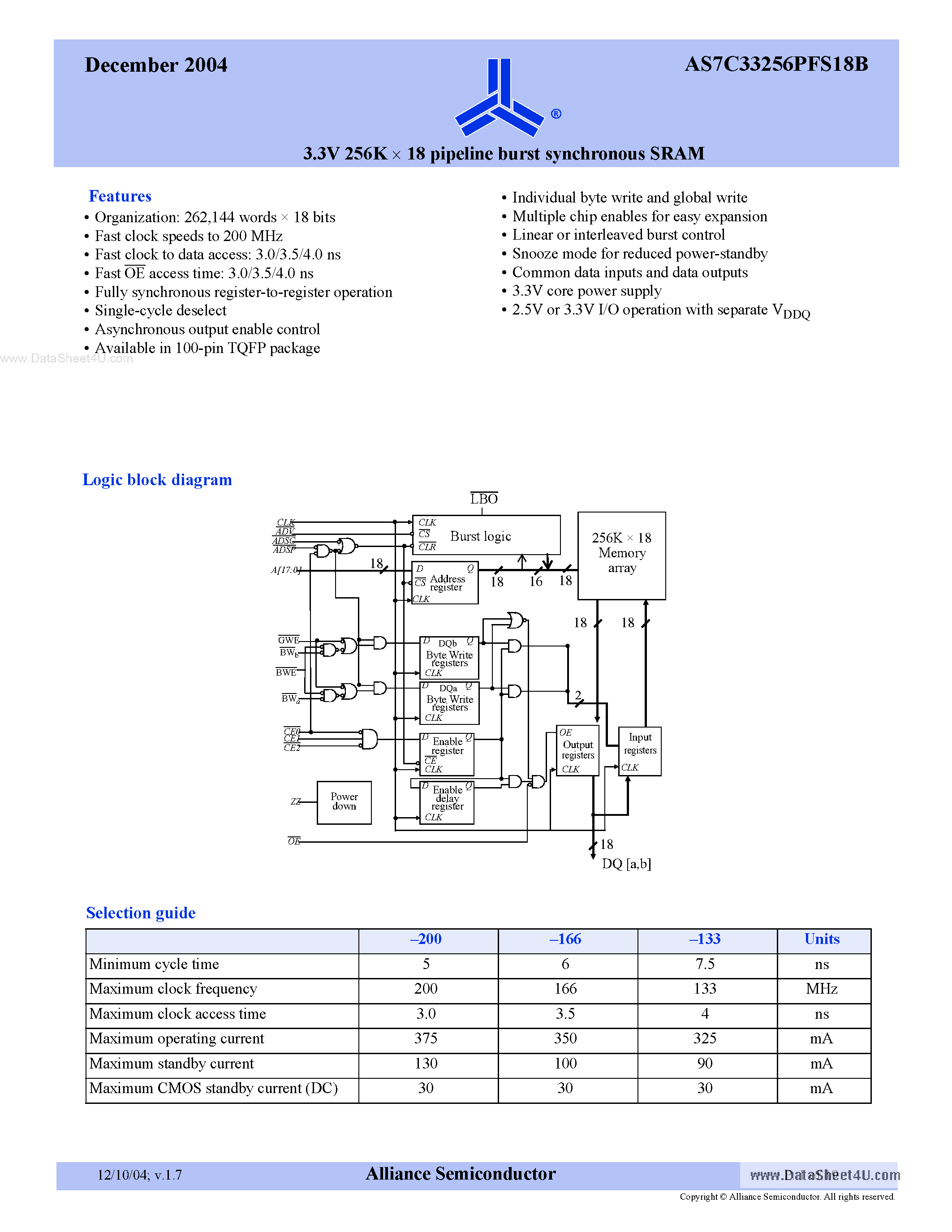 Datasheet AS7C33256PFS18B page 1 Datasheet AS7C33256PFS18B - 3.3V 256K X 18 pipeline burst synchronous SRAM page 1