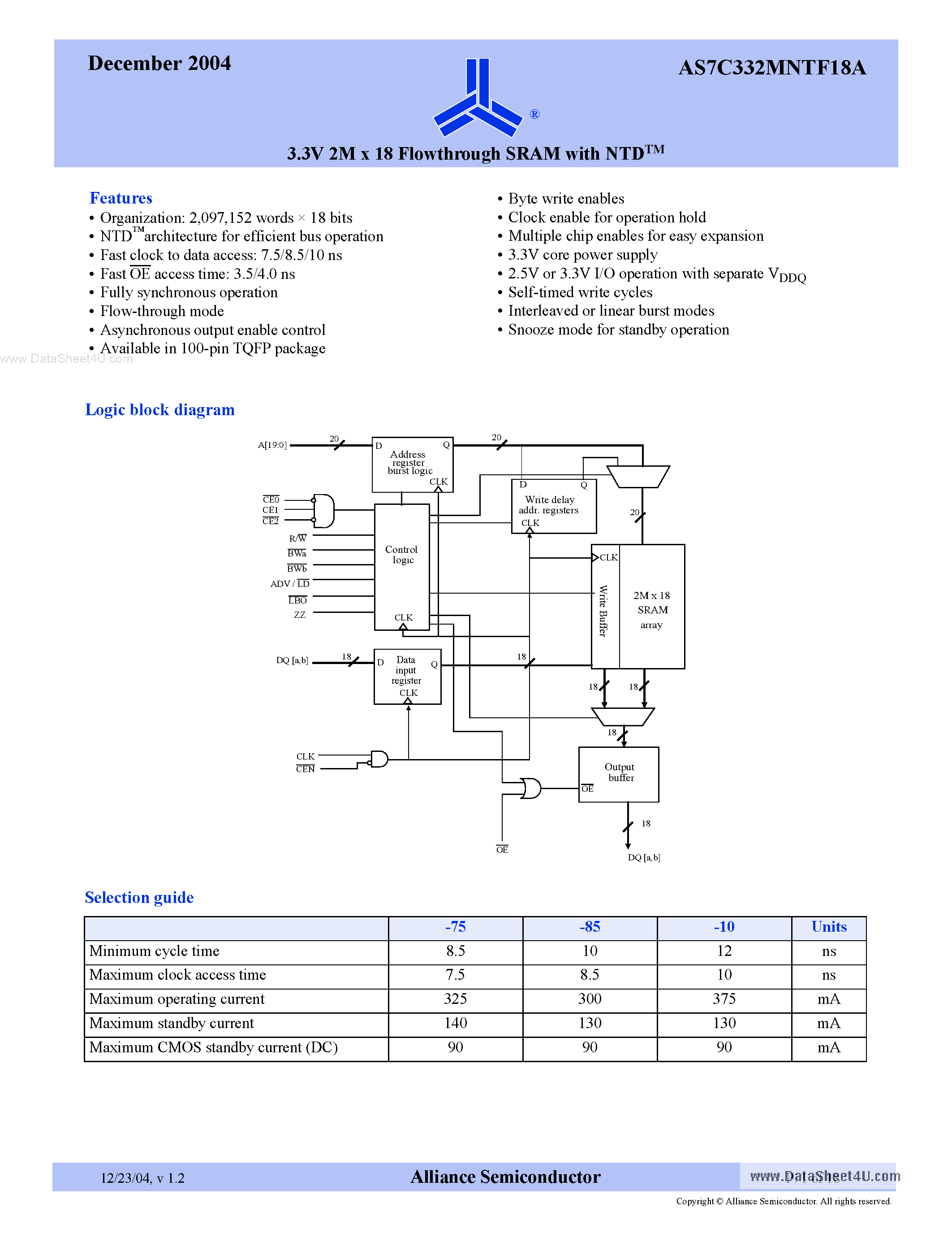 Datasheet AS7C332MNTF18A page 1 Datasheet AS7C332MNTF18A - 3.3V 2M x 18 Flowthrough SRAM page 1