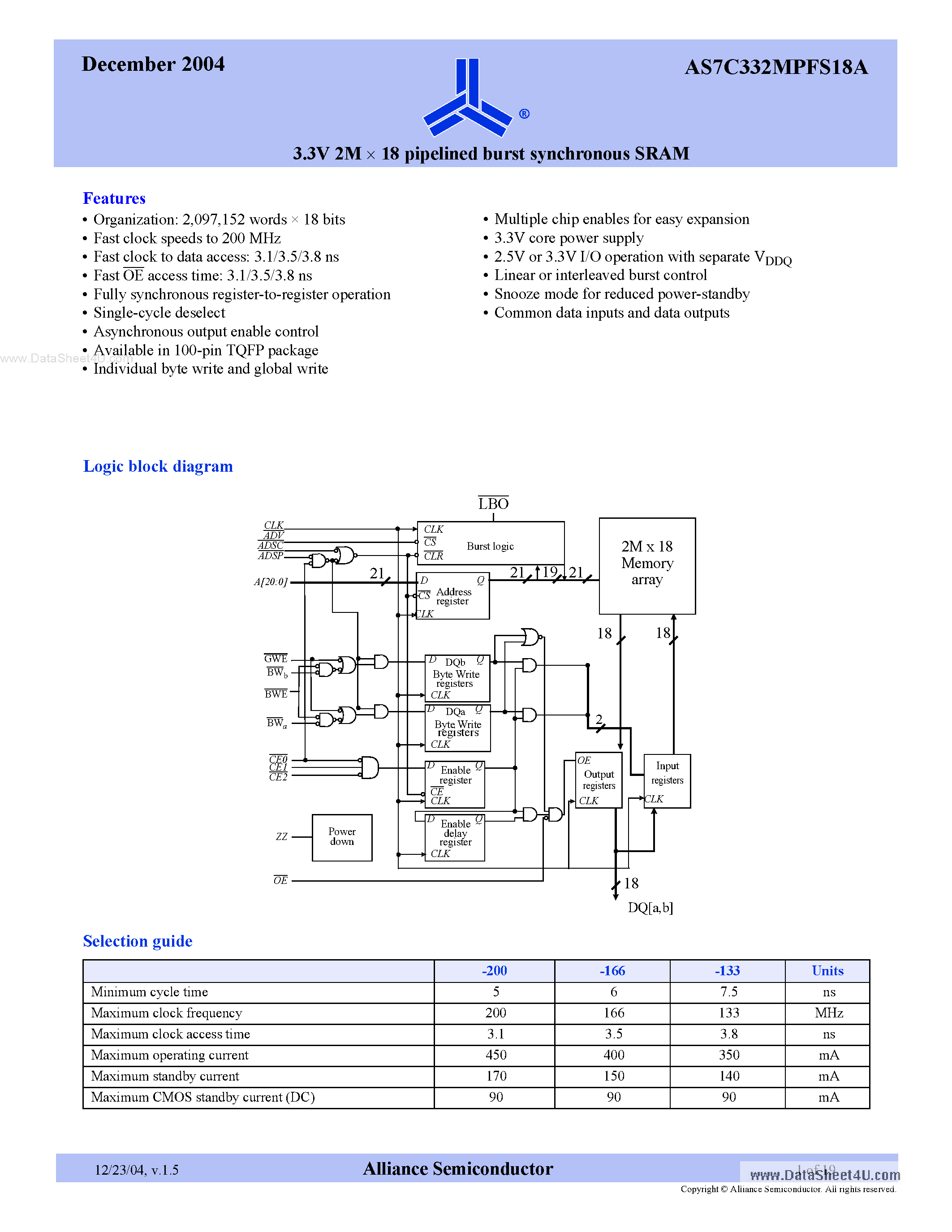 Datasheet AS7C332MPFS18A page 1 Datasheet AS7C332MPFS18A - 3.3V 2M x 18 pipelined burst synchronous SRAM page 1