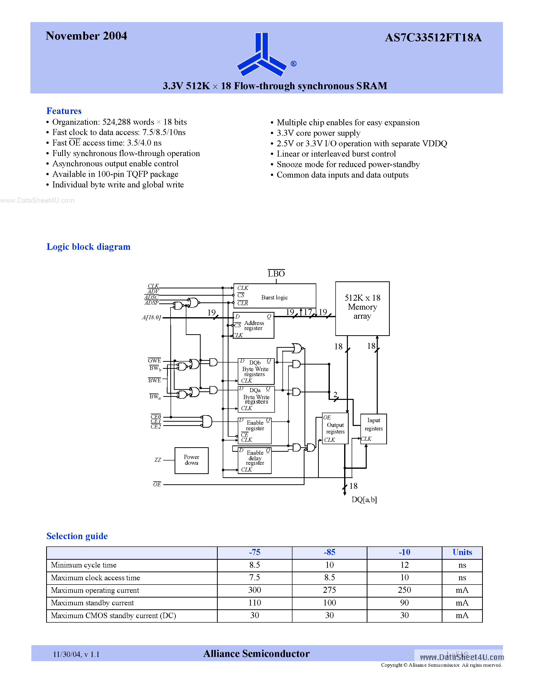 Datasheet AS7C33512FT18A page 1 Datasheet AS7C33512FT18A - 3.3V 512K x 18 Flow-through synchronous SRAM page 1