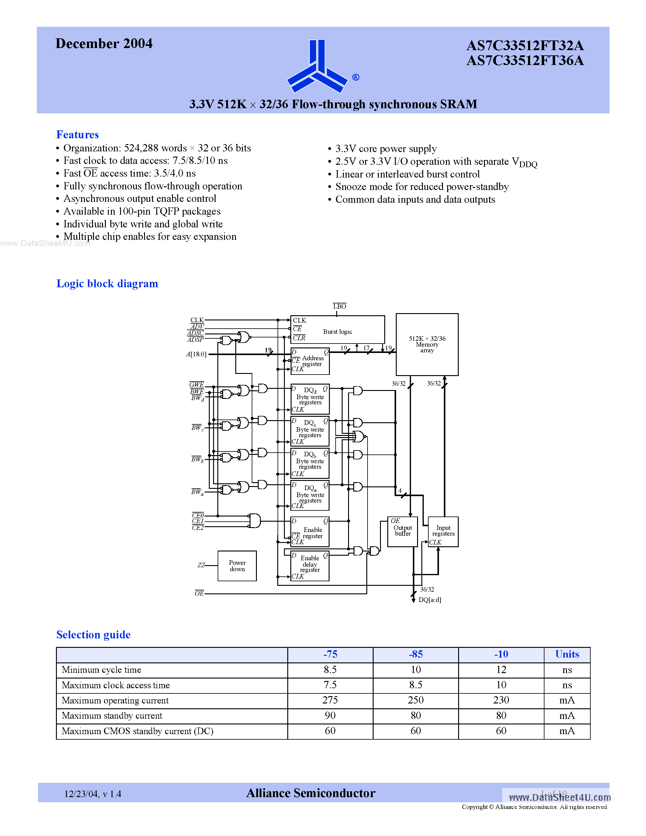 Datasheet AS7C33512FT32A page 1 Datasheet AS7C33512FT32A - (AS7C33512FT32A / AS7C33512FT36A) 3.3V 512K x 32/36 Flow-through synchronous SRAM page 1