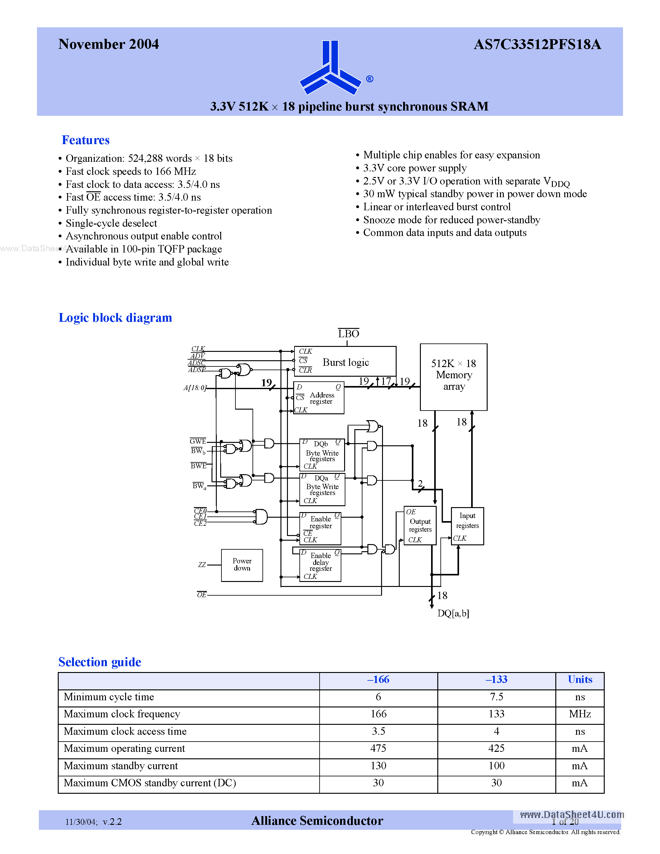 Datasheet AS7C33512PFS18A page 1 Datasheet AS7C33512PFS18A - 3.3V 512K x 18 pipeline burst synchronous SRAM page 1