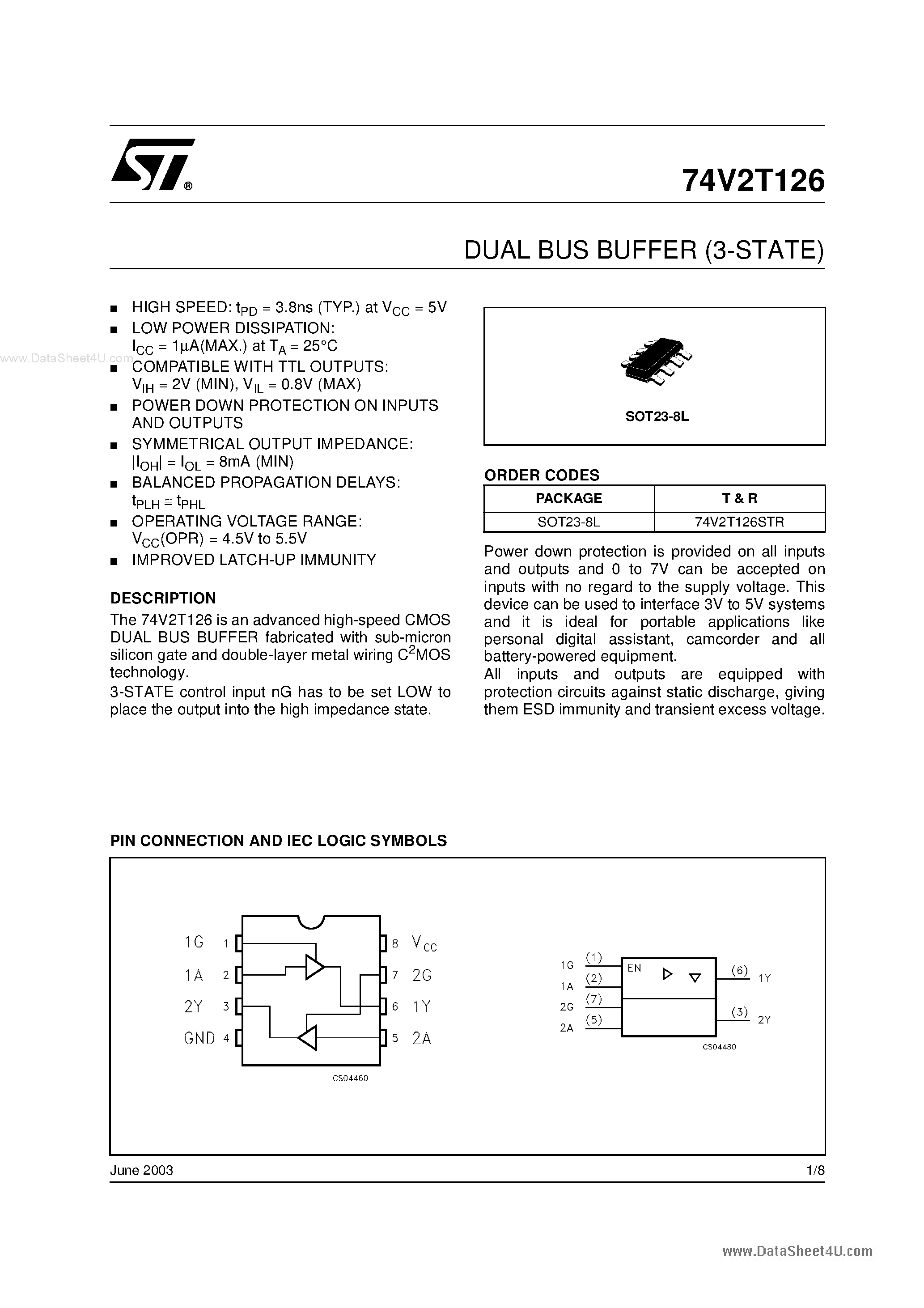 Даташит на микросхему 74V2T126 страница 1 Даташит 74V2T126 - DUAL BUS BUFFER страница 1