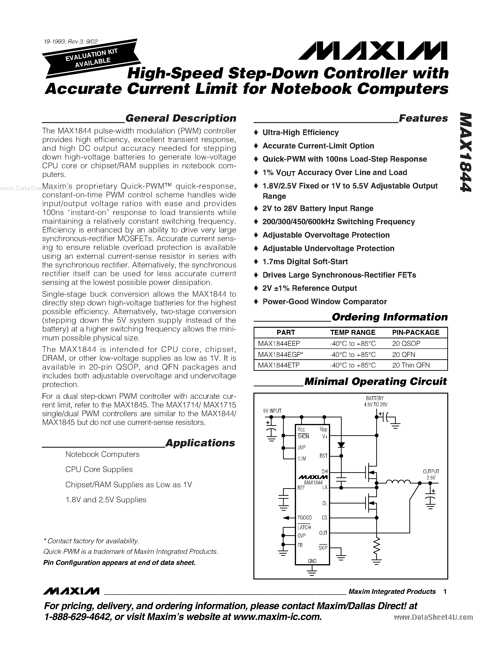 Datasheet MAX1844 - High-Speed Step-Down Controller page 1