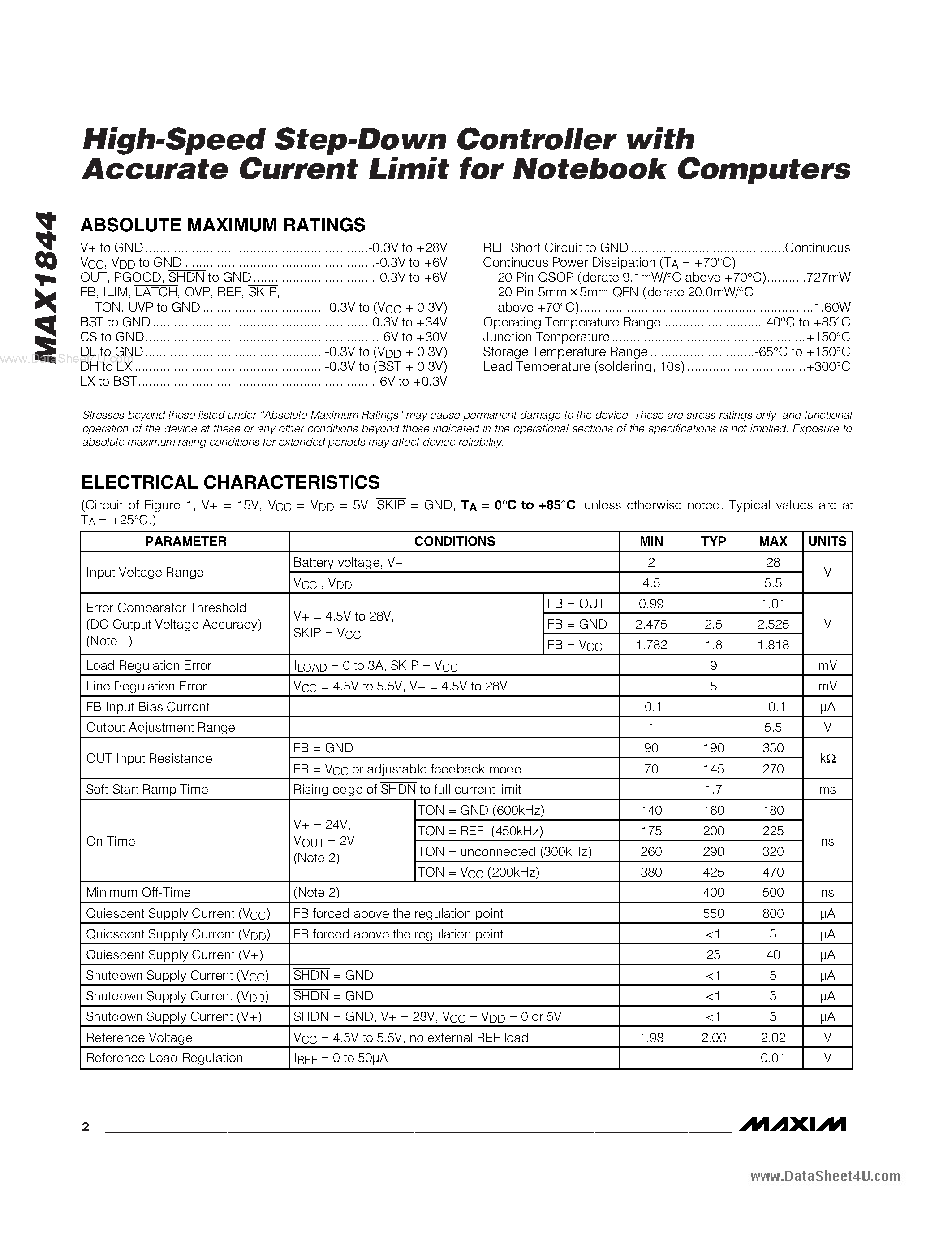 Datasheet MAX1844 - High-Speed Step-Down Controller page 2