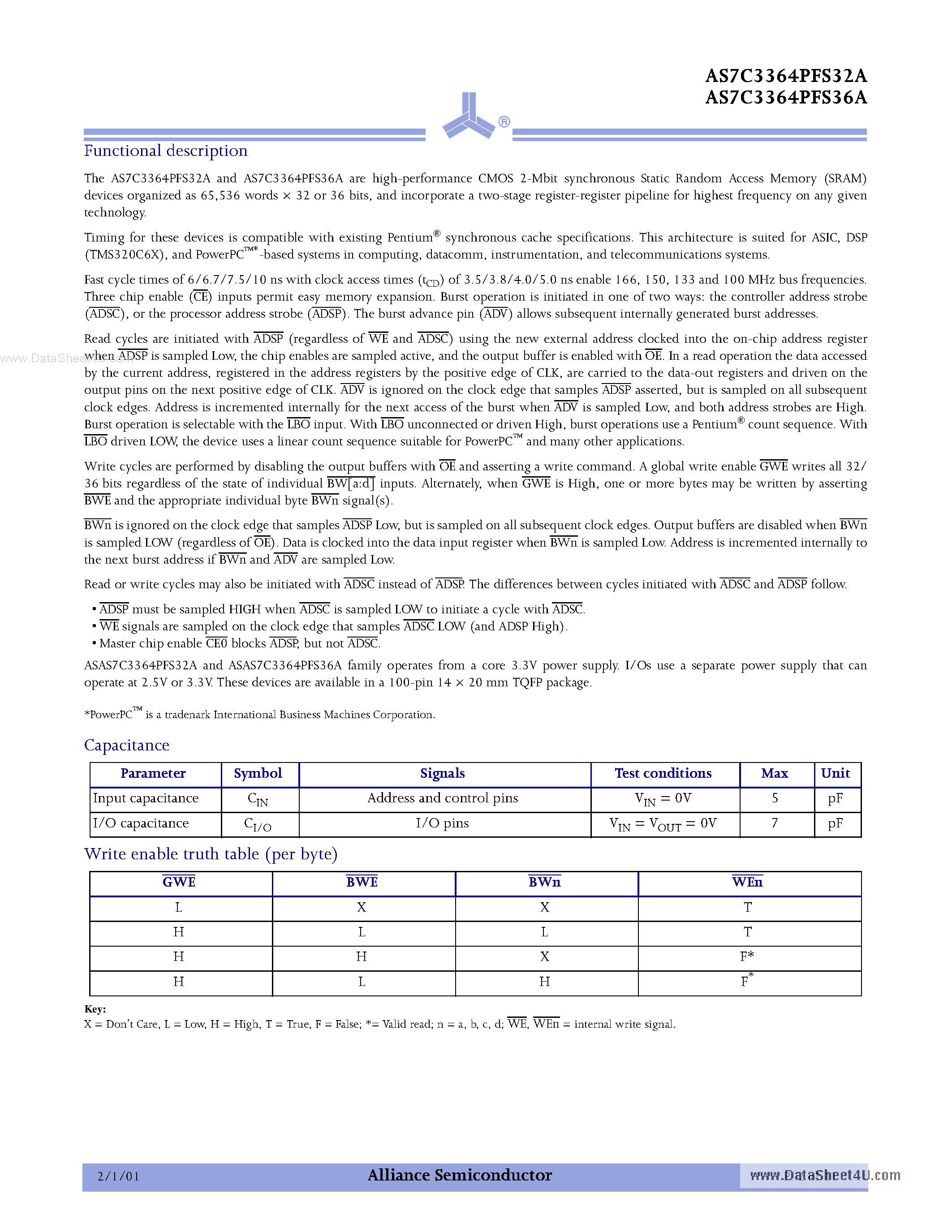 Datasheet AS7C3364PFS32A page 2 Datasheet AS7C3364PFS32A - (AS7C3364PFS32A / AS7C3364PFS36A) 3.3V 64K X 32/36 pipeline burst synchronous SRAM page 2