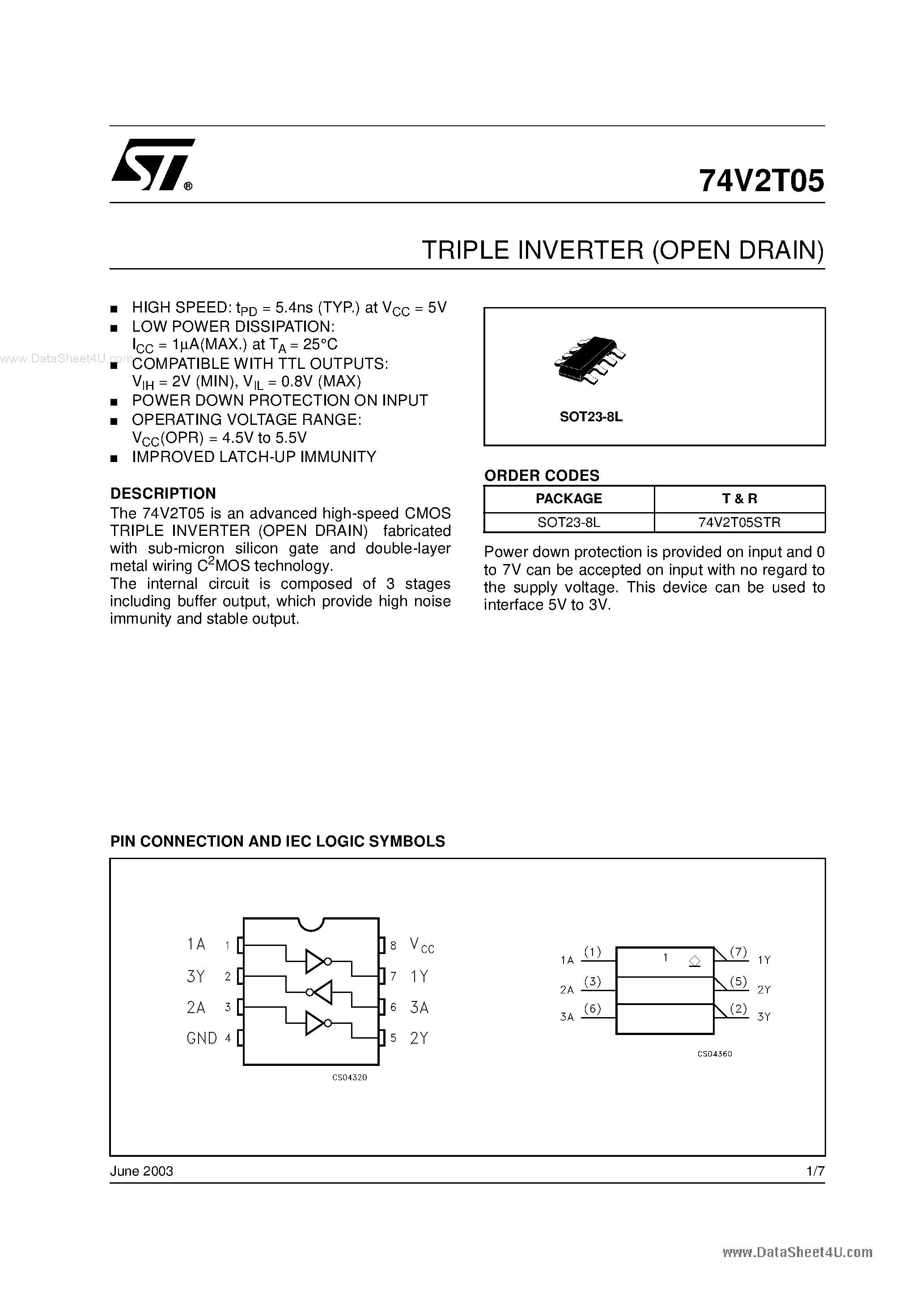 Даташит 74V2T05 - TRIPLE INVERTER страница 1
