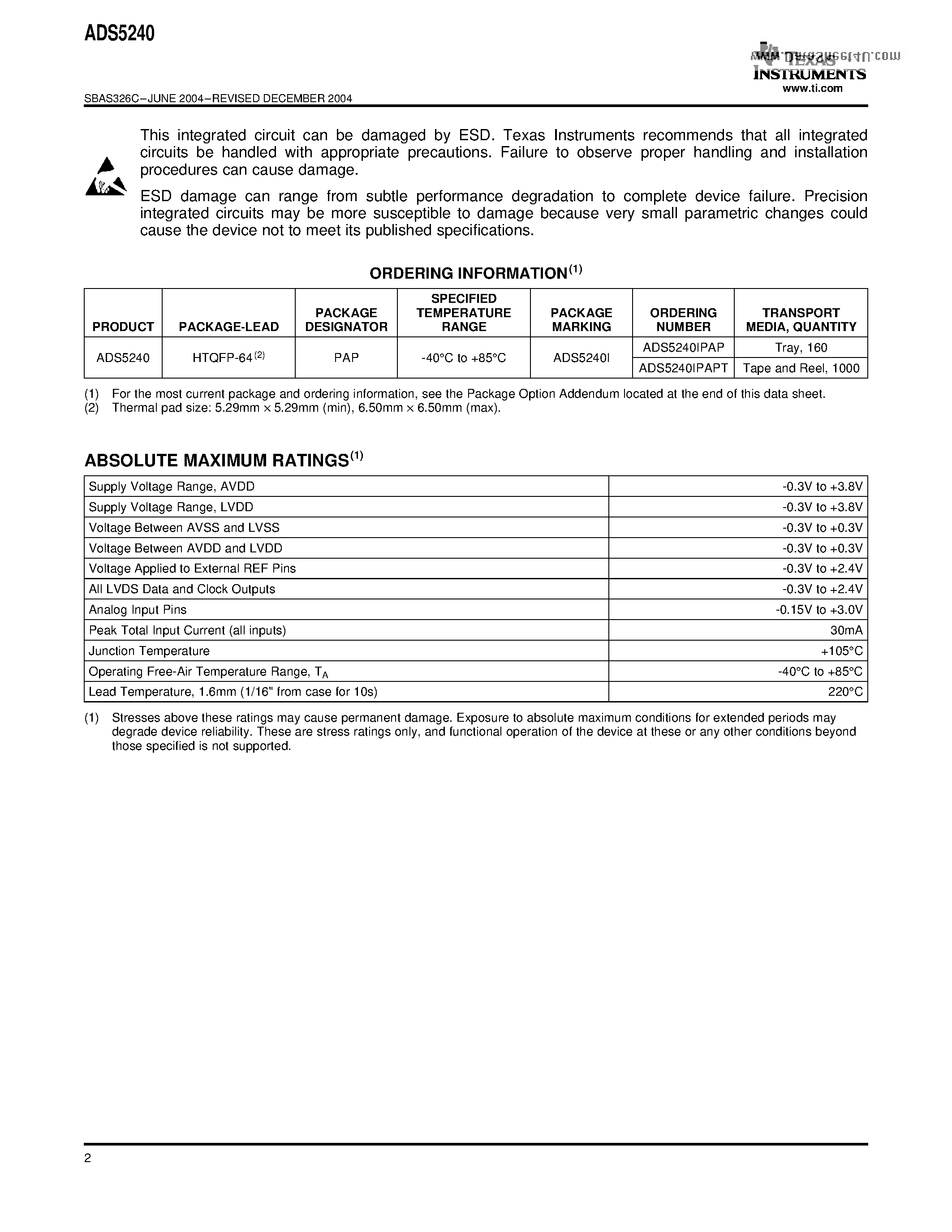 Datasheet ADS5240 - 40MSPS ADC page 2
