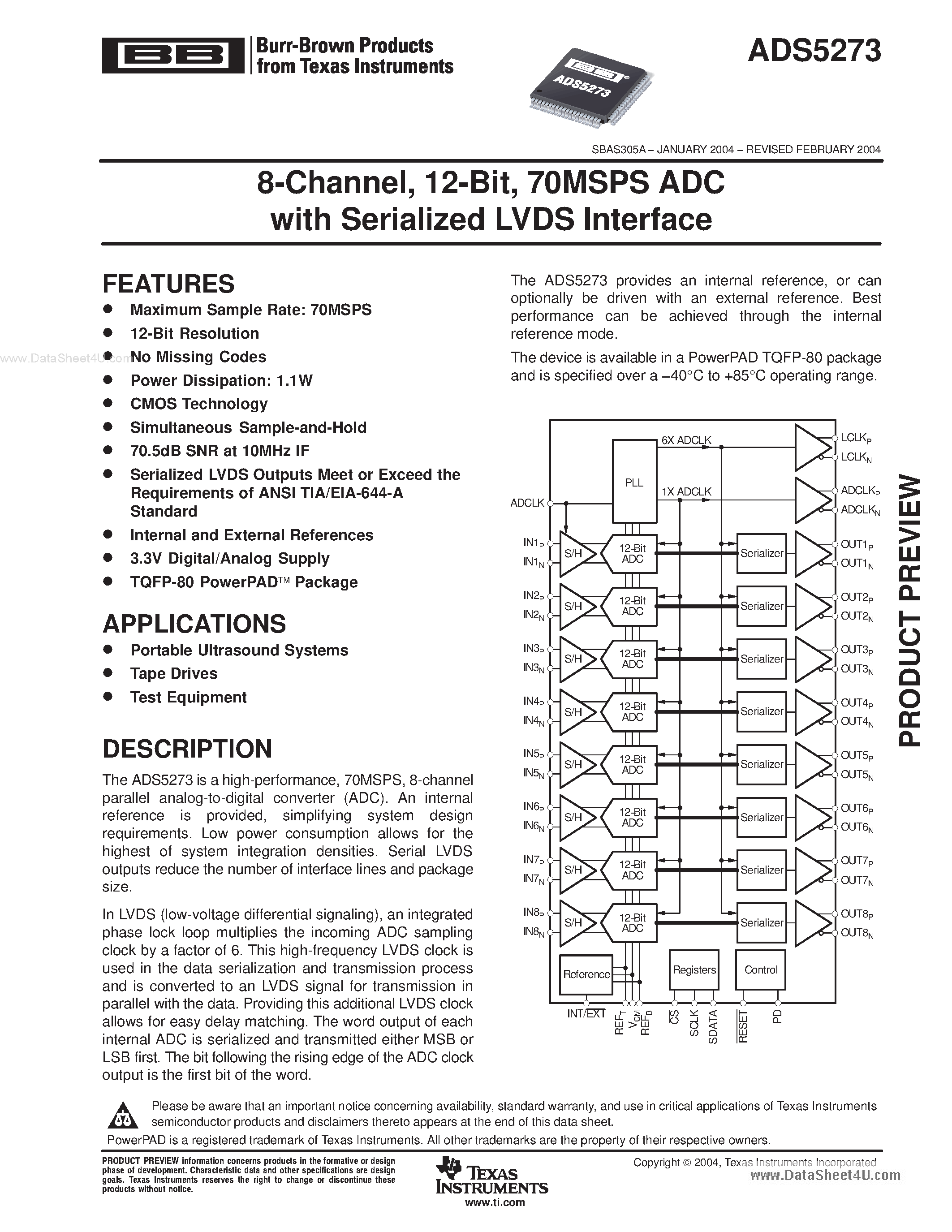 Datasheet ADS5273 - 70MSPS ADC page 1