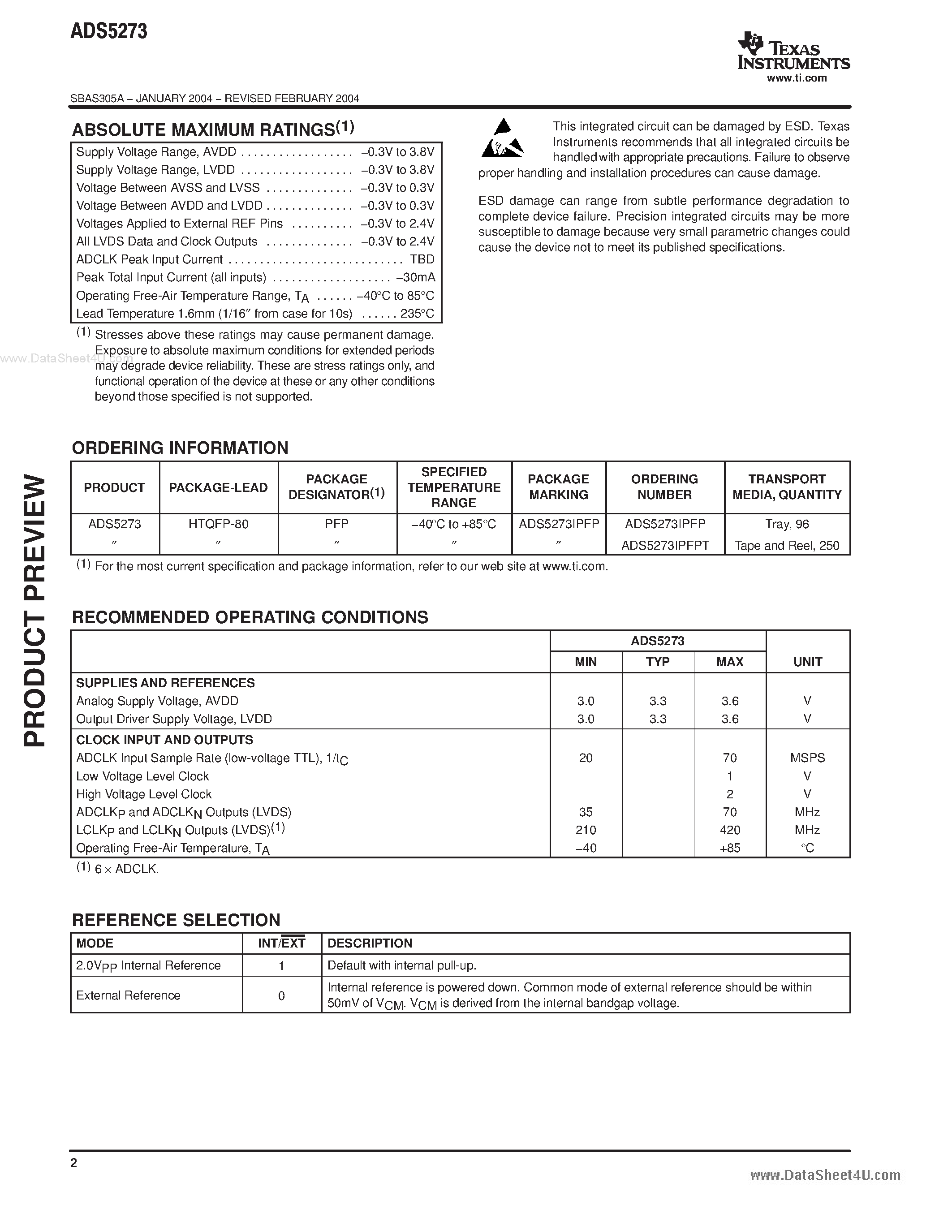 Datasheet ADS5273 - 70MSPS ADC page 2