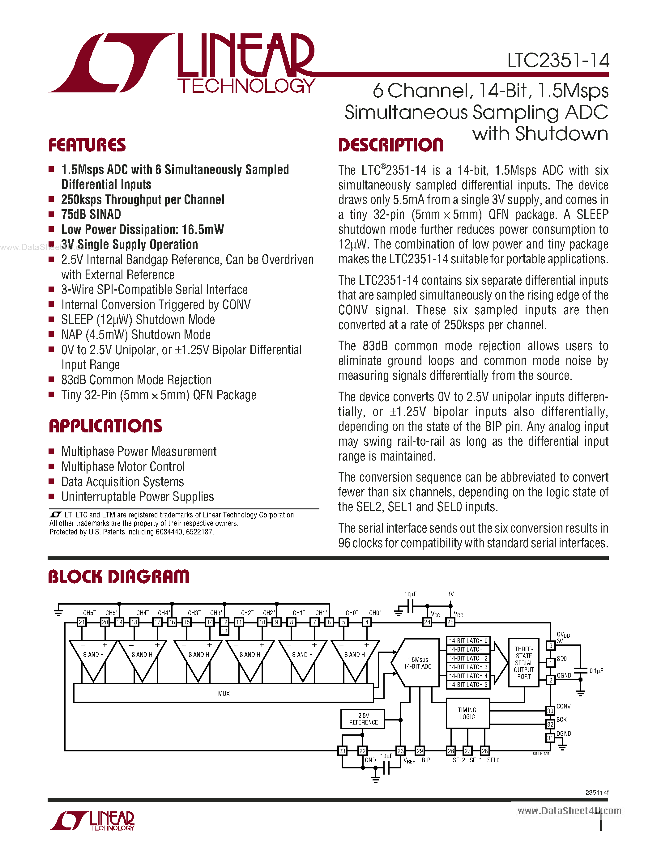 Datasheet LTC2351-14 - 1.5Msps Simultaneous Sampling ADC page 1
