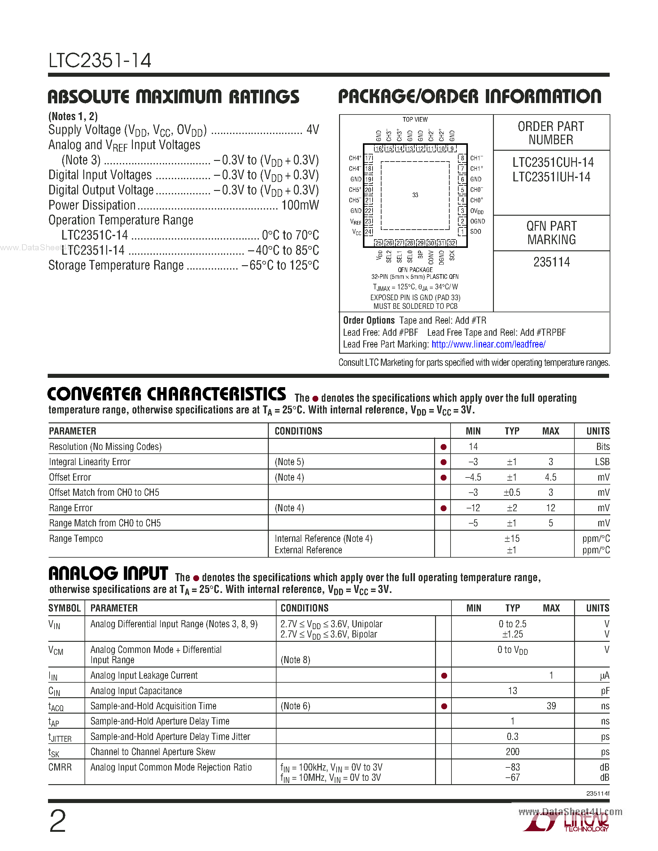 Datasheet LTC2351-14 - 1.5Msps Simultaneous Sampling ADC page 2