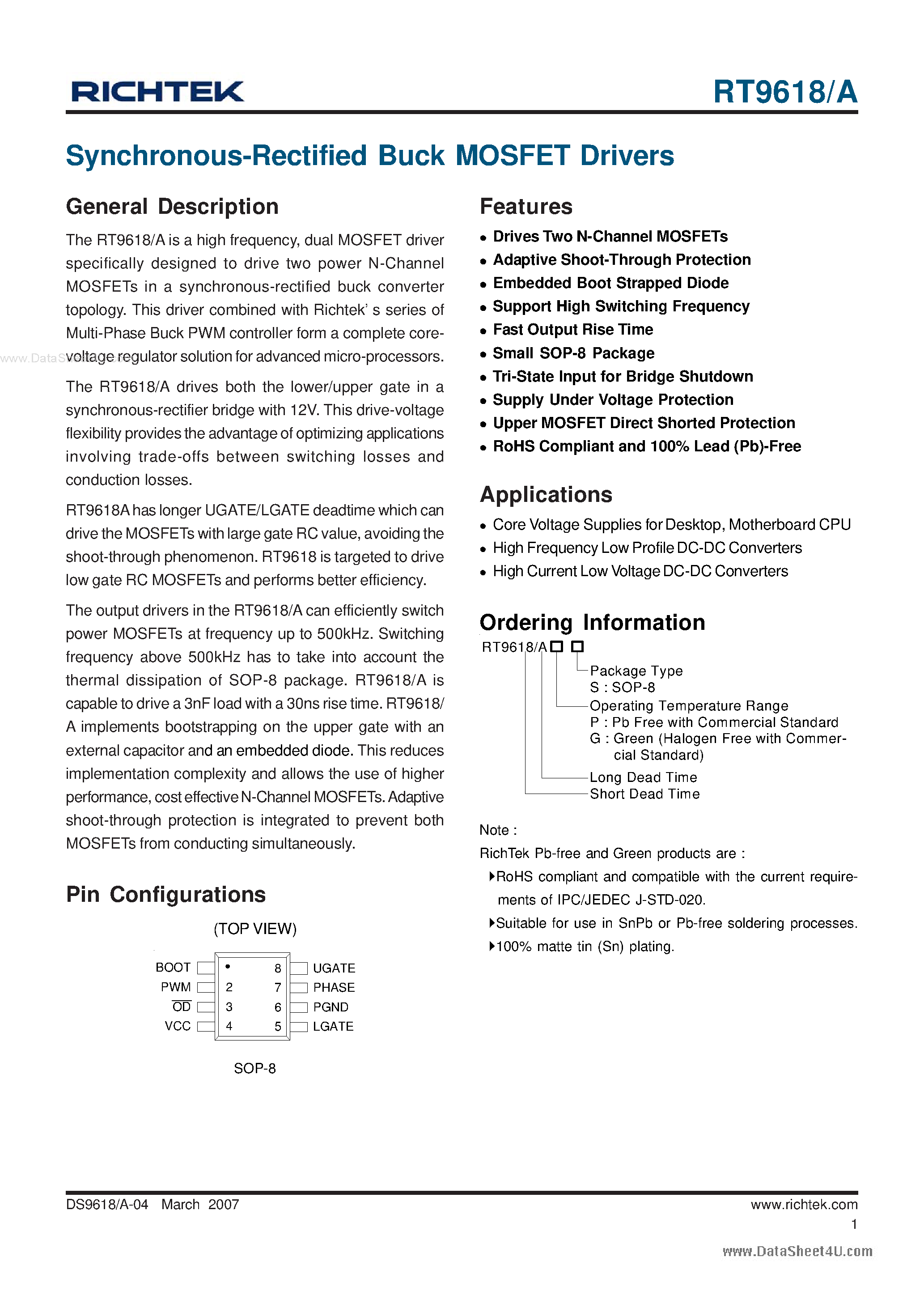 Datasheet RT9618 - Synchronous-Rectified Buck MOSFET Drivers page 1