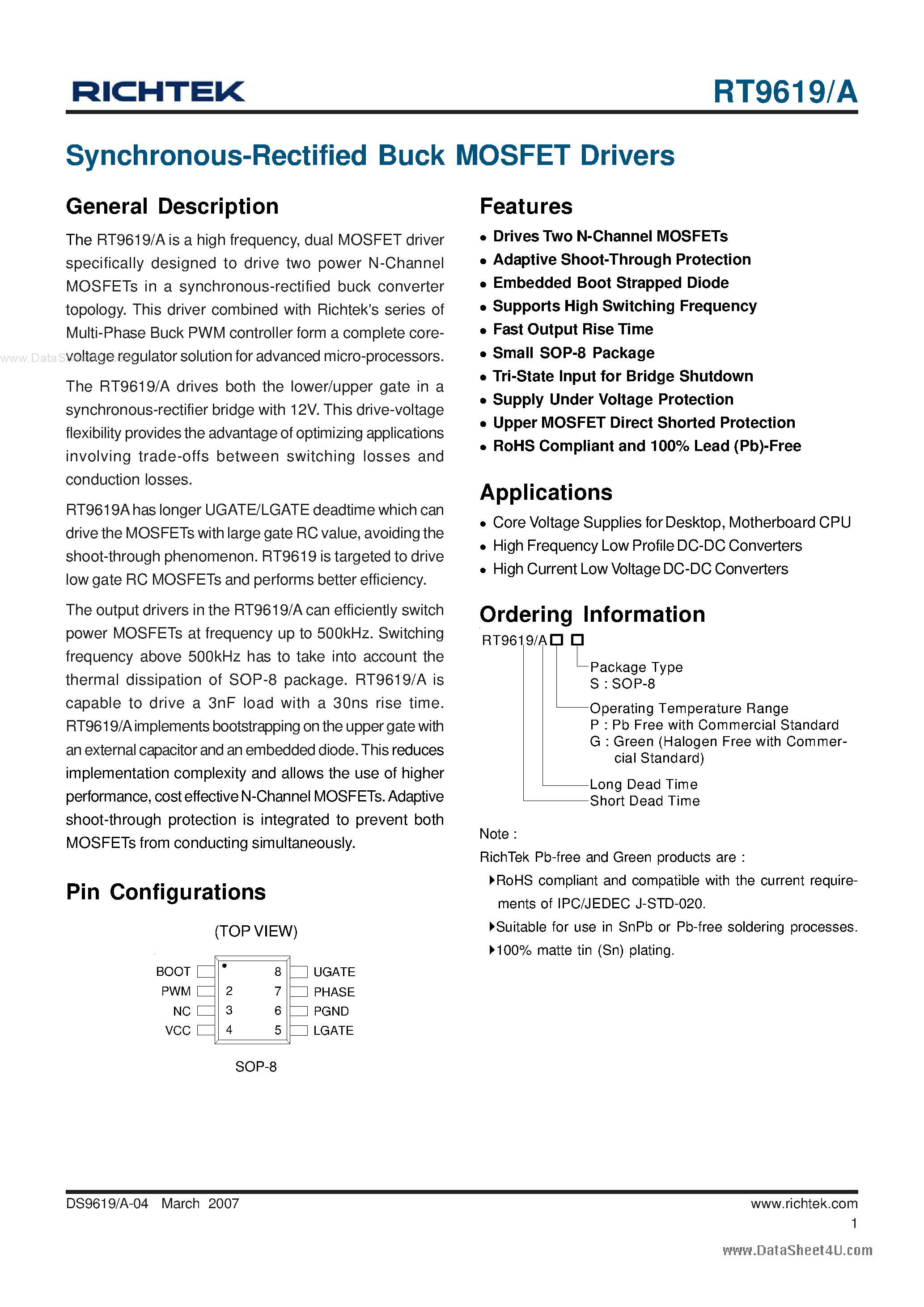 Даташит на микросхему RT9619 страница 1 Даташит RT9619 - Synchronous-Rectified Buck MOSFET Drivers страница 1