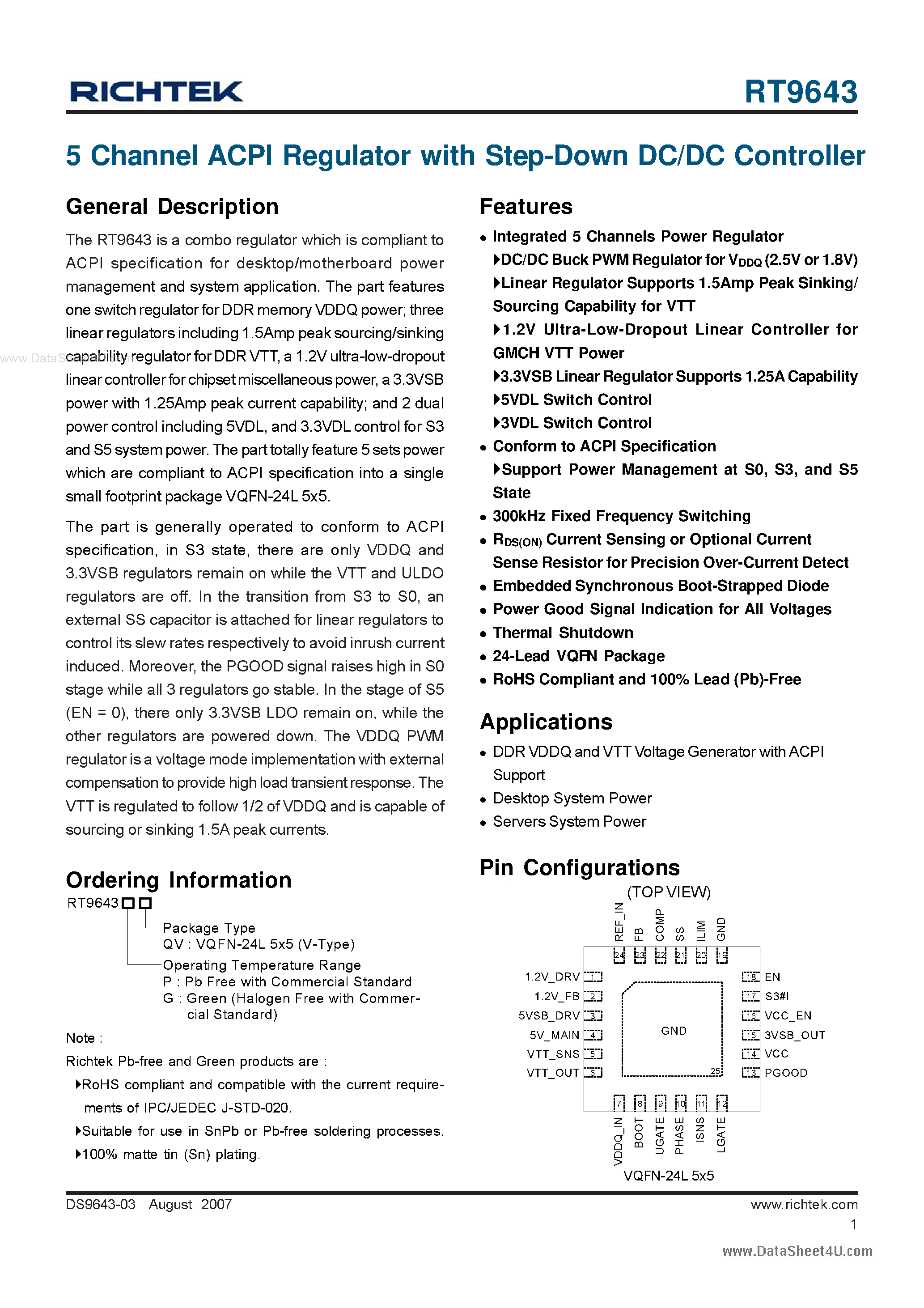 Datasheet RT9643 page 1 Datasheet RT9643 - 5 Channel ACPI Regulator page 1