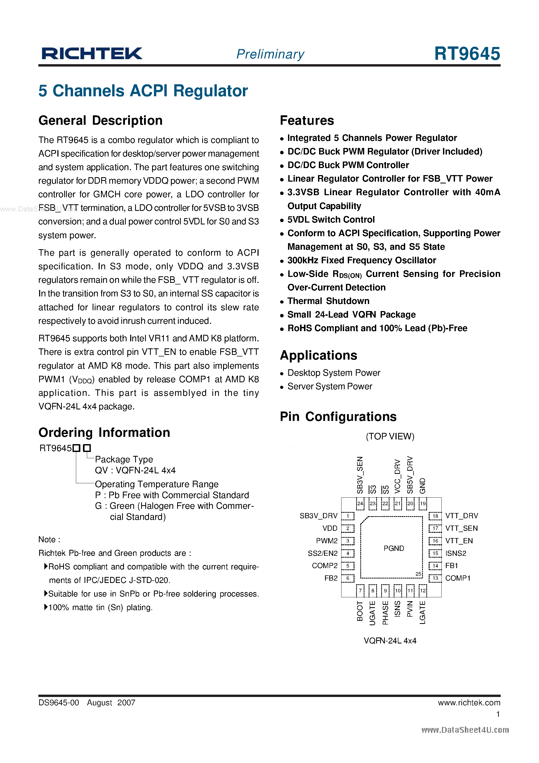Datasheet RT9645 page 1 Datasheet RT9645 - 5 Channels ACPI Regulator page 1